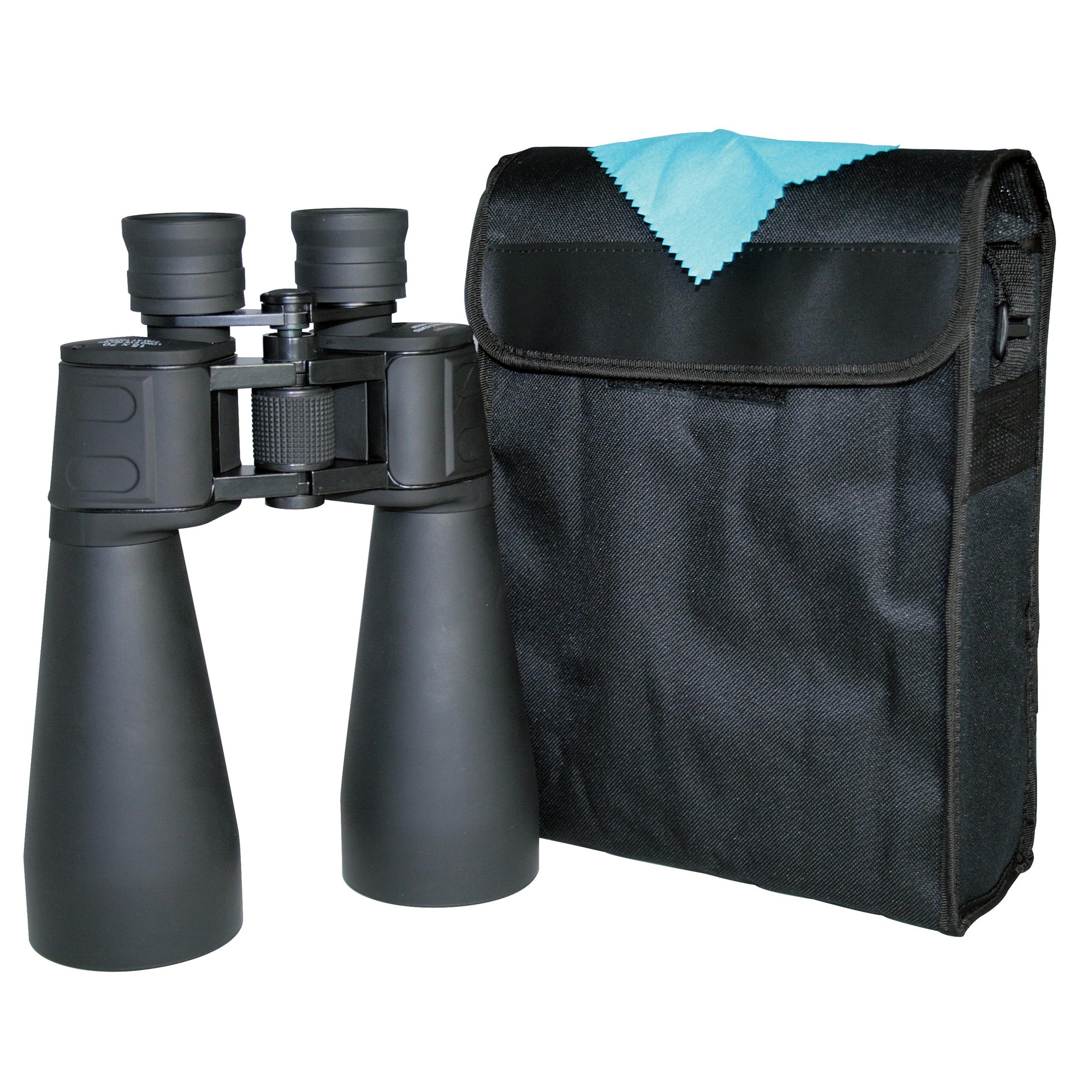 Schwarzes Fernglas mit schwarzem Etui und blauem Tuch auf weißem Hintergrund.