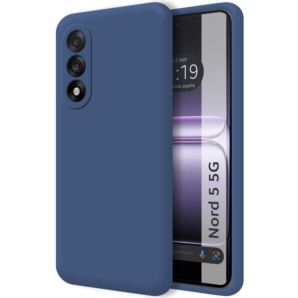 Una custodia blu per telefono copre parzialmente un telefono che mostra l'ora, la data e il marchio Nord 5G. Sono visibili tre lenti della fotocamera.