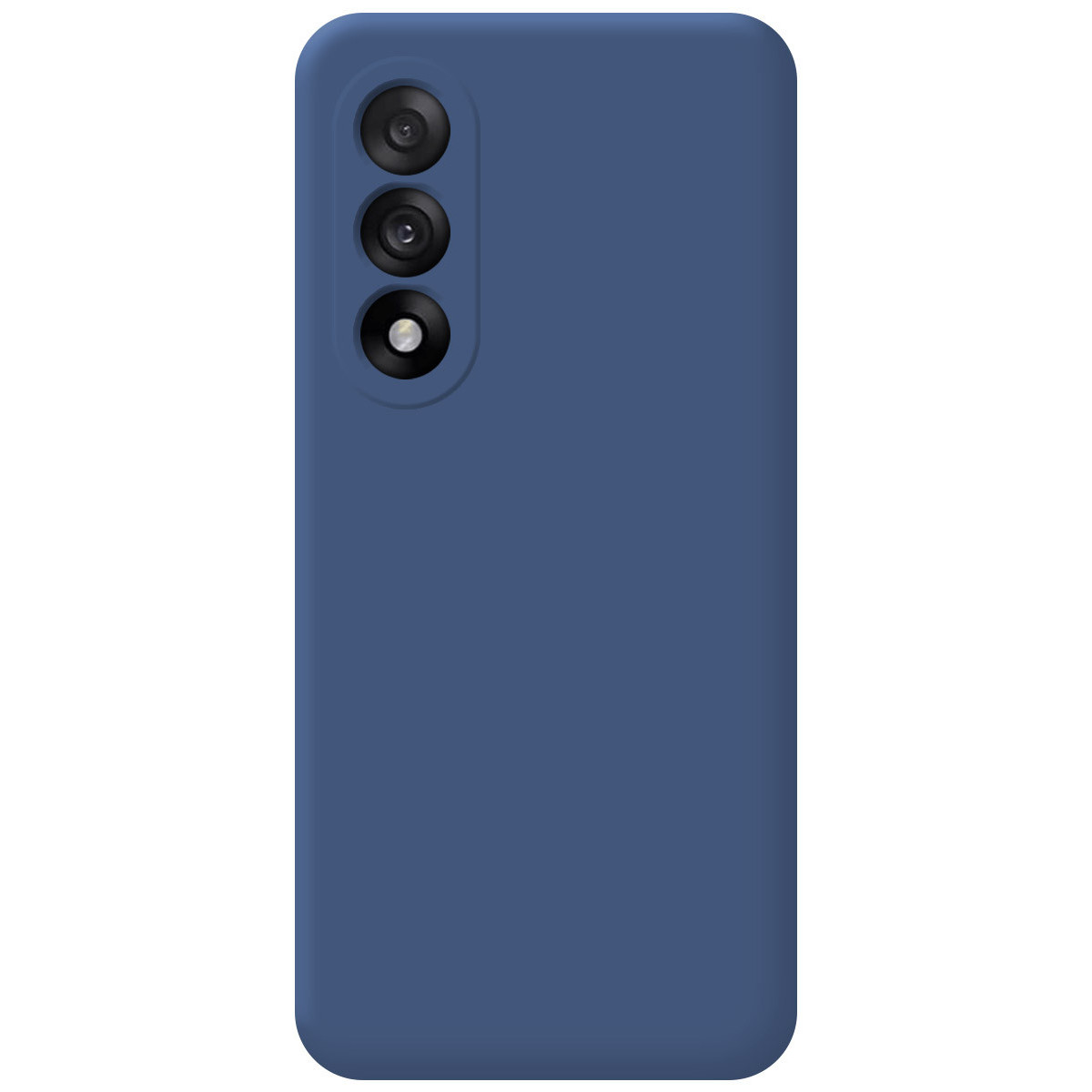 Una custodia blu per telefono con tre lenti della fotocamera disposte verticalmente. La custodia è di colore blu opaco uniforme.