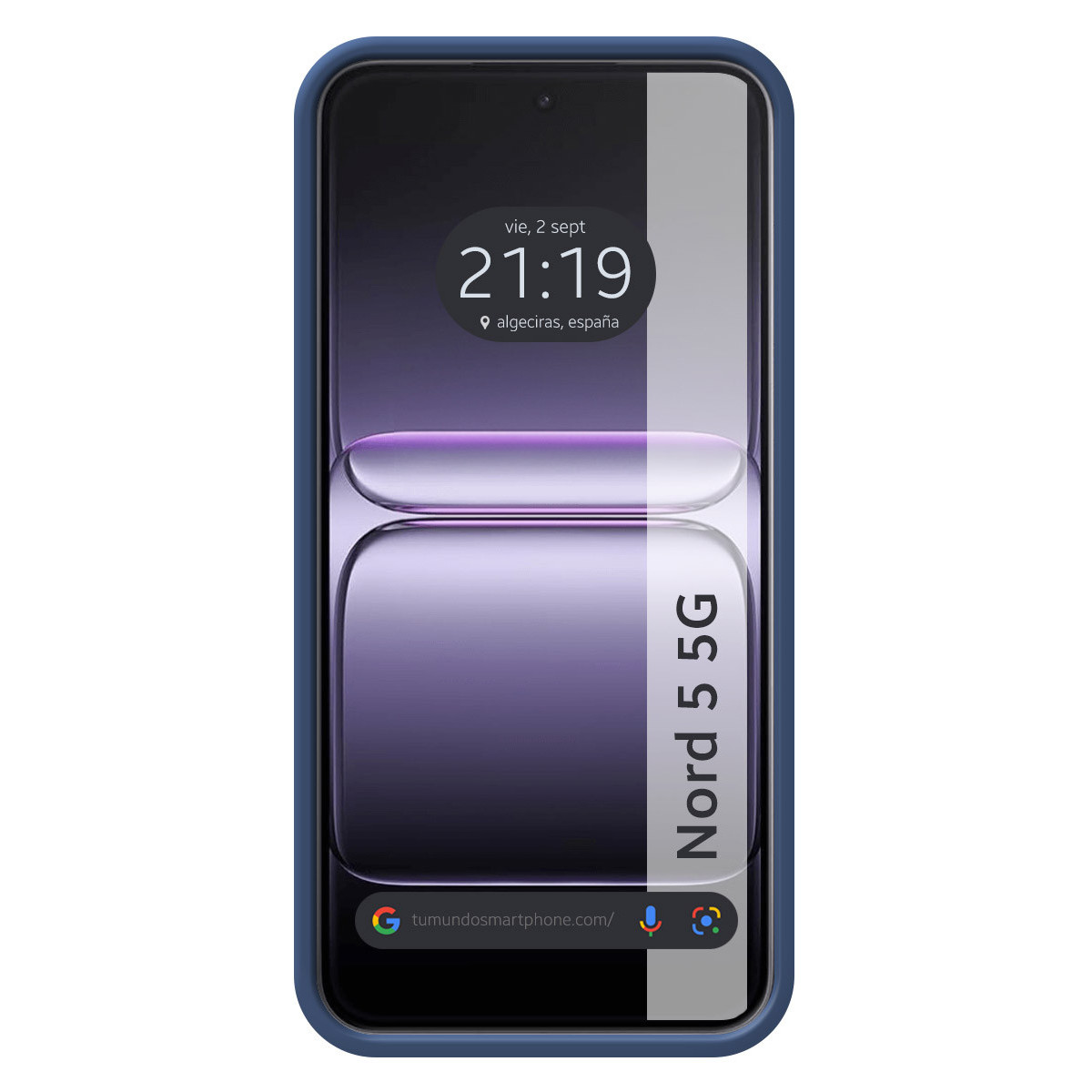Uno schermo di smartphone mostra l'ora, la data e una barra di ricerca, con la scritta 'Nord 5 5G'. Il telefono è in una custodia blu.