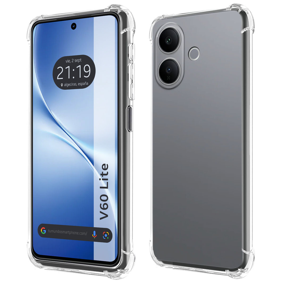 Uno smartphone in una custodia trasparente. Lo schermo mostra ora e luogo. Il retro ha due fotocamere.