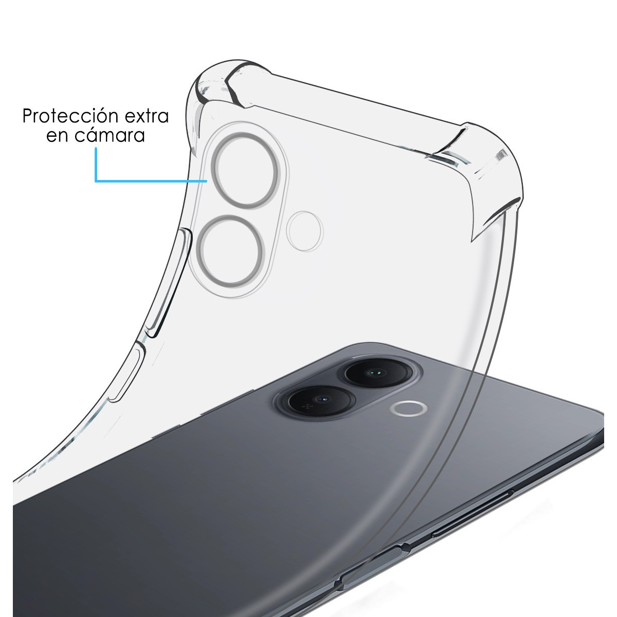 Una custodia trasparente per telefono è sopra uno smartphone grigio. La custodia è etichettata 'protezione extra della fotocamera'.
