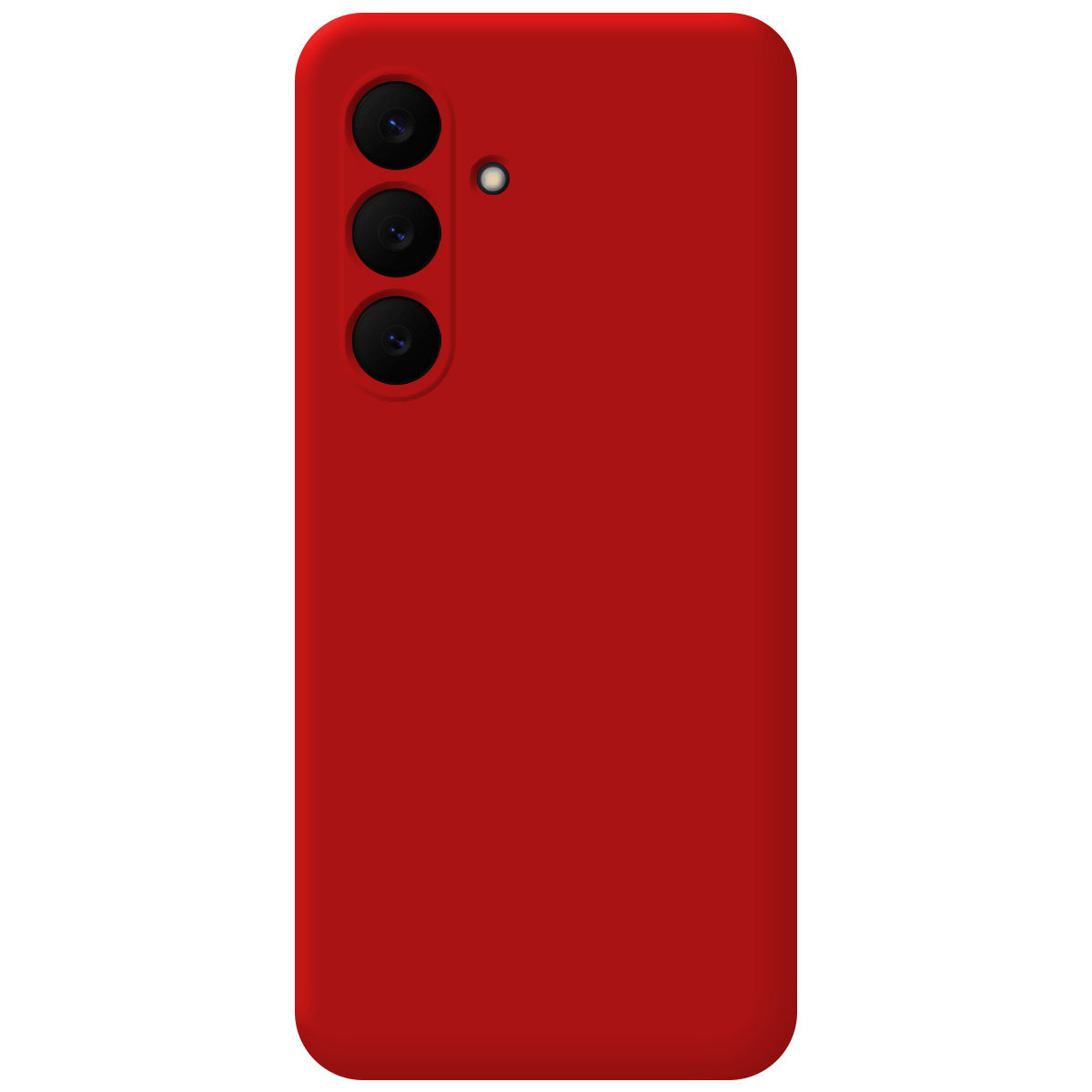 Una custodia rossa per telefono con tre obiettivi e un flash. La custodia è rettangolare con angoli arrotondati.