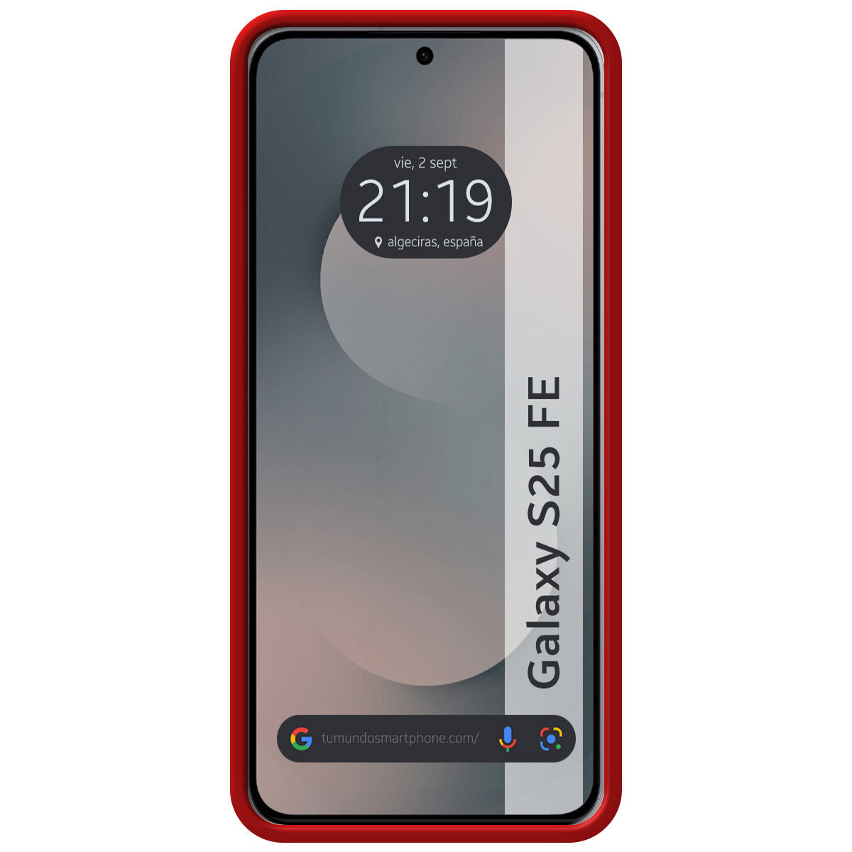 Uno smartphone con custodia rossa mostra ora, data e indirizzo web. Lo schermo ha uno sfondo sfumato.