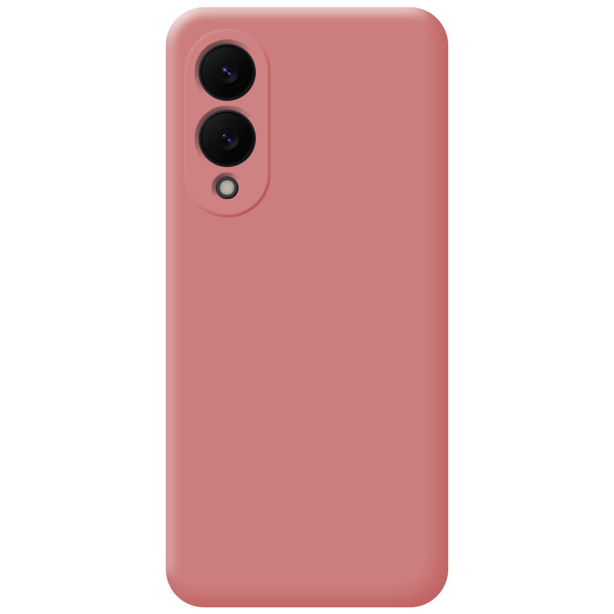Una custodia per telefono rosa-rossa. Ha tre obiettivi della fotocamera allineati verticalmente.