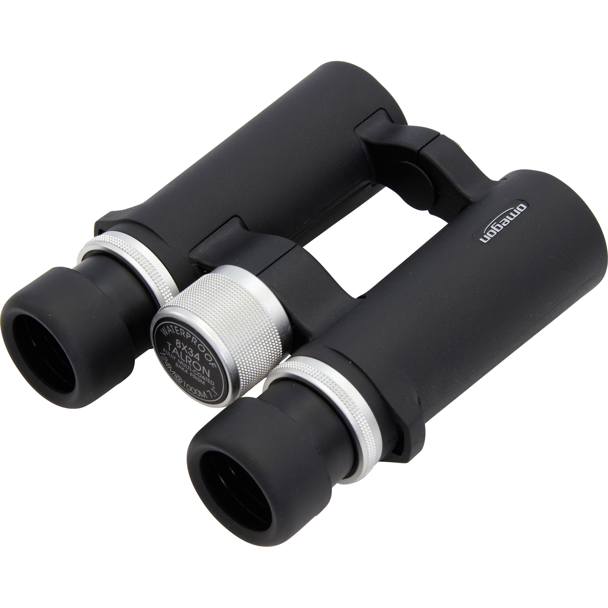 Schwarzes Fernglas auf weißem Hintergrund. Es hat silberne Akzente und einen strukturierten Fokusknopf.