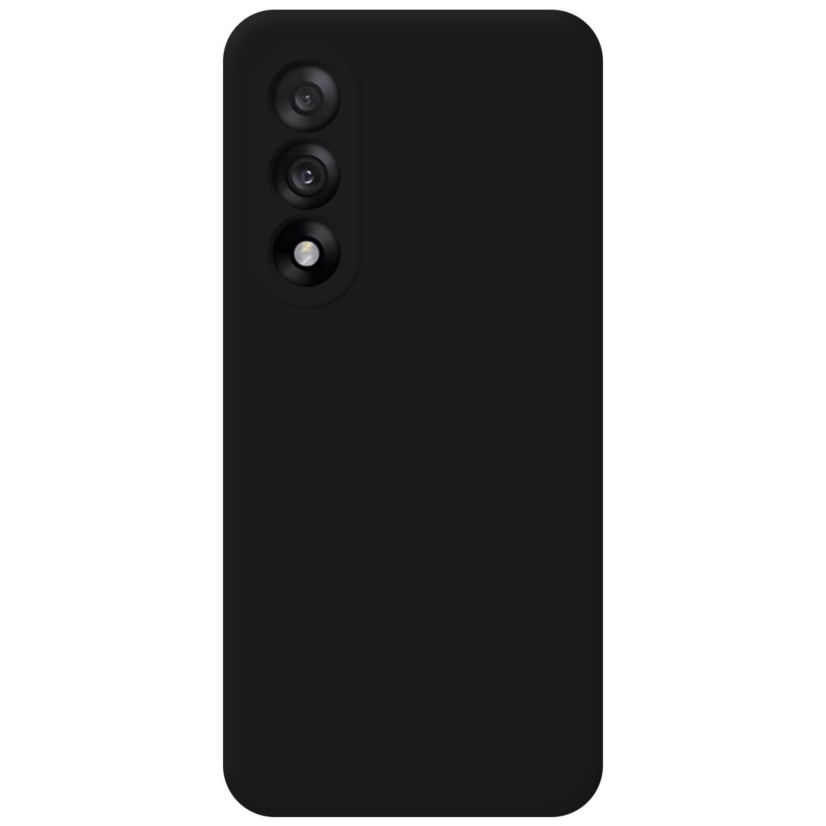 Una custodia nera per smartphone con una configurazione a tripla lente sulla parte superiore sinistra. La custodia ha angoli arrotondati.