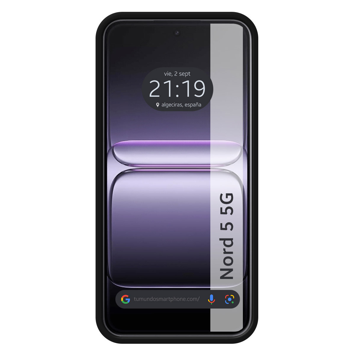 Schermo di uno smartphone che mostra ora, data e barra di ricerca. Il telefono è etichettato Nord 5 5G. Lo schermo è viola e nero.