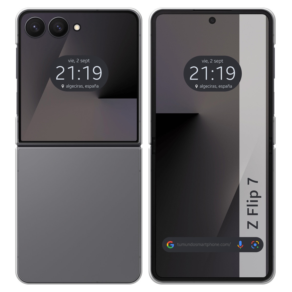 Due telefoni Z Flip 7 aperti. Uno chiuso, l'altro aperto, che mostra l'ora e la data. Il telefono aperto mostra un sito web e il testo Z Flip 7.