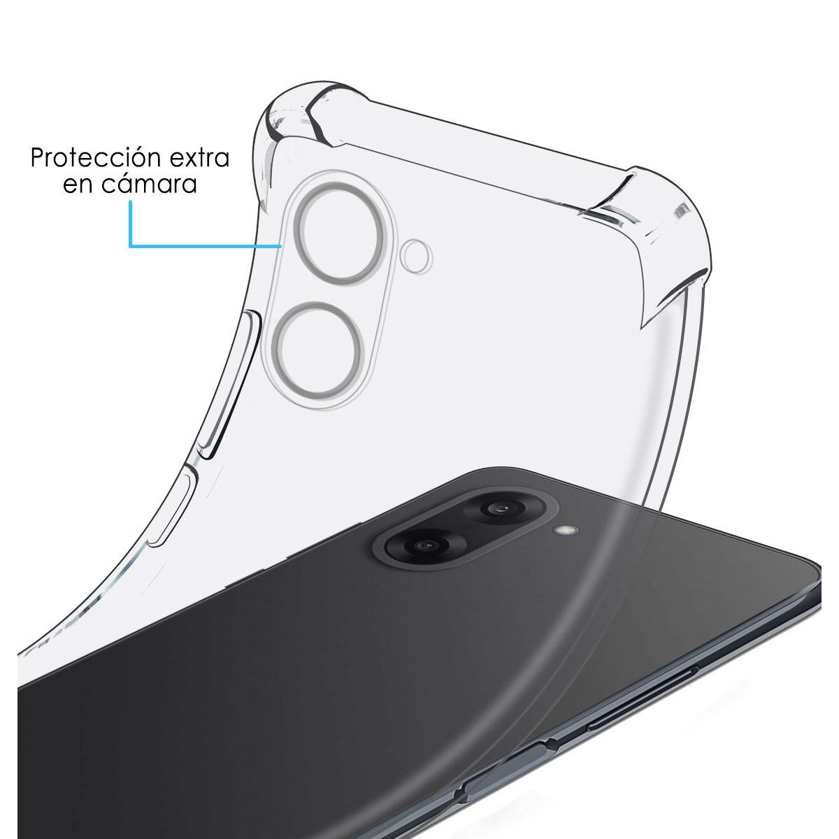 Una funda transparente para teléfono está sobre un teléfono negro. La funda está etiquetada con texto sobre protección de la cámara.