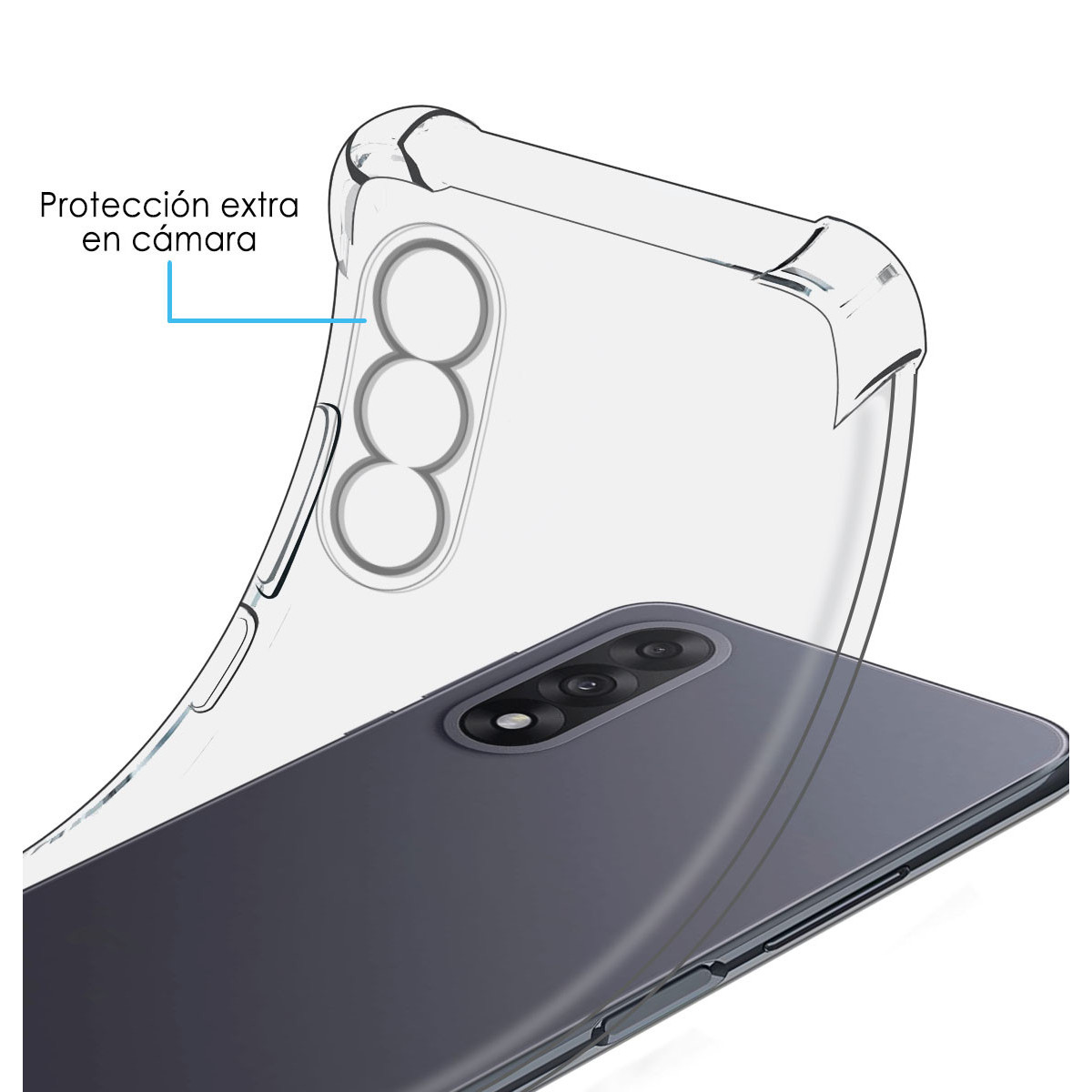 Una custodia trasparente su un telefono scuro. La custodia dice 'Protección extra en cámara'. Il telefono ha più obiettivi.
