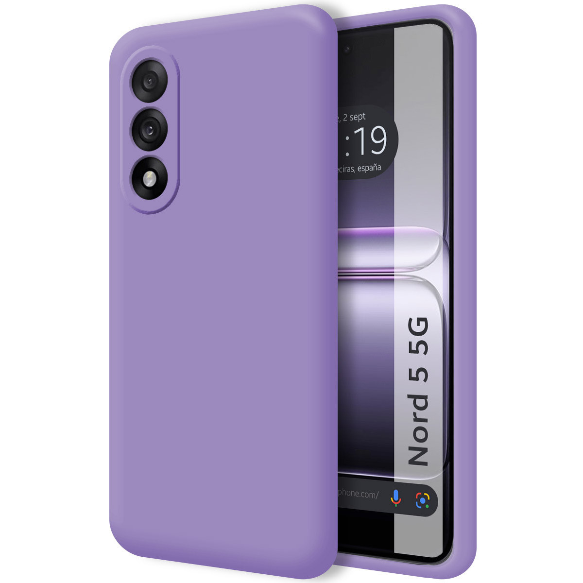 Una custodia viola con un telefono all'interno. Il telefono visualizza l'ora. La custodia ha tre lenti.