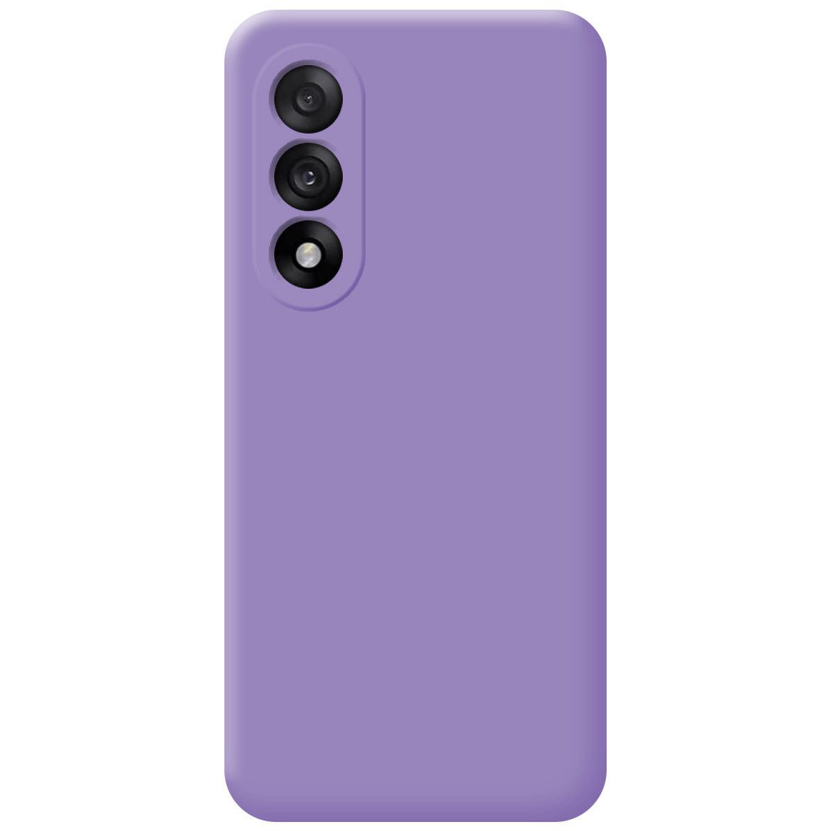 Primo piano di una custodia per telefono lavanda con tre obiettivi della fotocamera allineati verticalmente su sfondo bianco.
