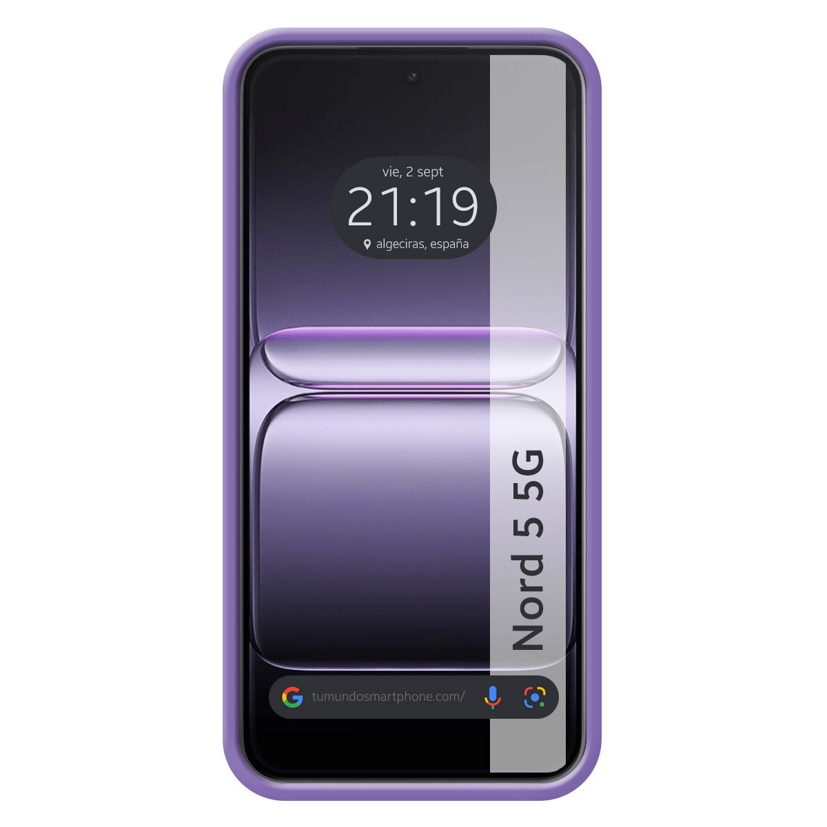 Una custodia viola con un telefono all'interno. Lo schermo mostra l'ora, la data e le parole 'Nord 5 5G'.
