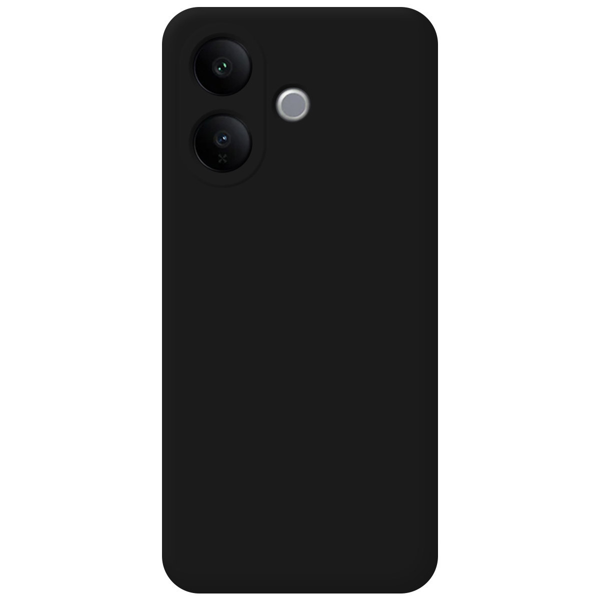Un retro telefono nero con due obiettivi e un flash. Il telefono ha bordi arrotondati.