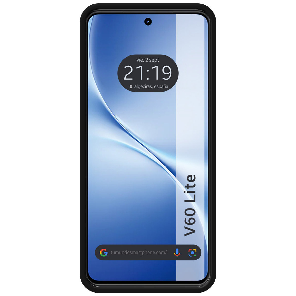 Uno schermo di smartphone mostra l'ora, la data e il luogo. Il telefono è nero, con il testo V60 Lite sul lato destro.