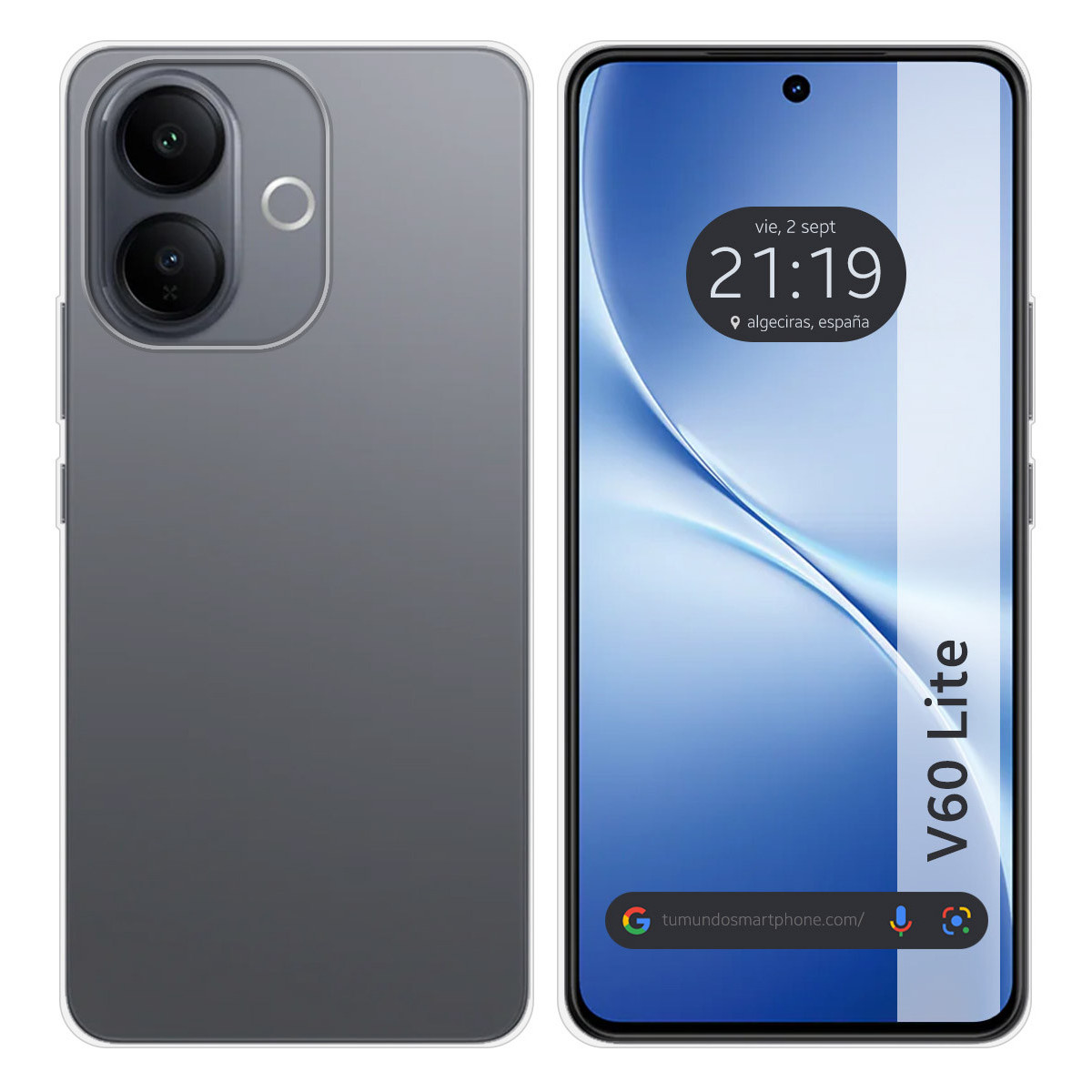 Viene mostrato uno smartphone, V60 Lite. Lo schermo mostra ora e luogo. La parte posteriore del telefono è grigia con fotocamere.