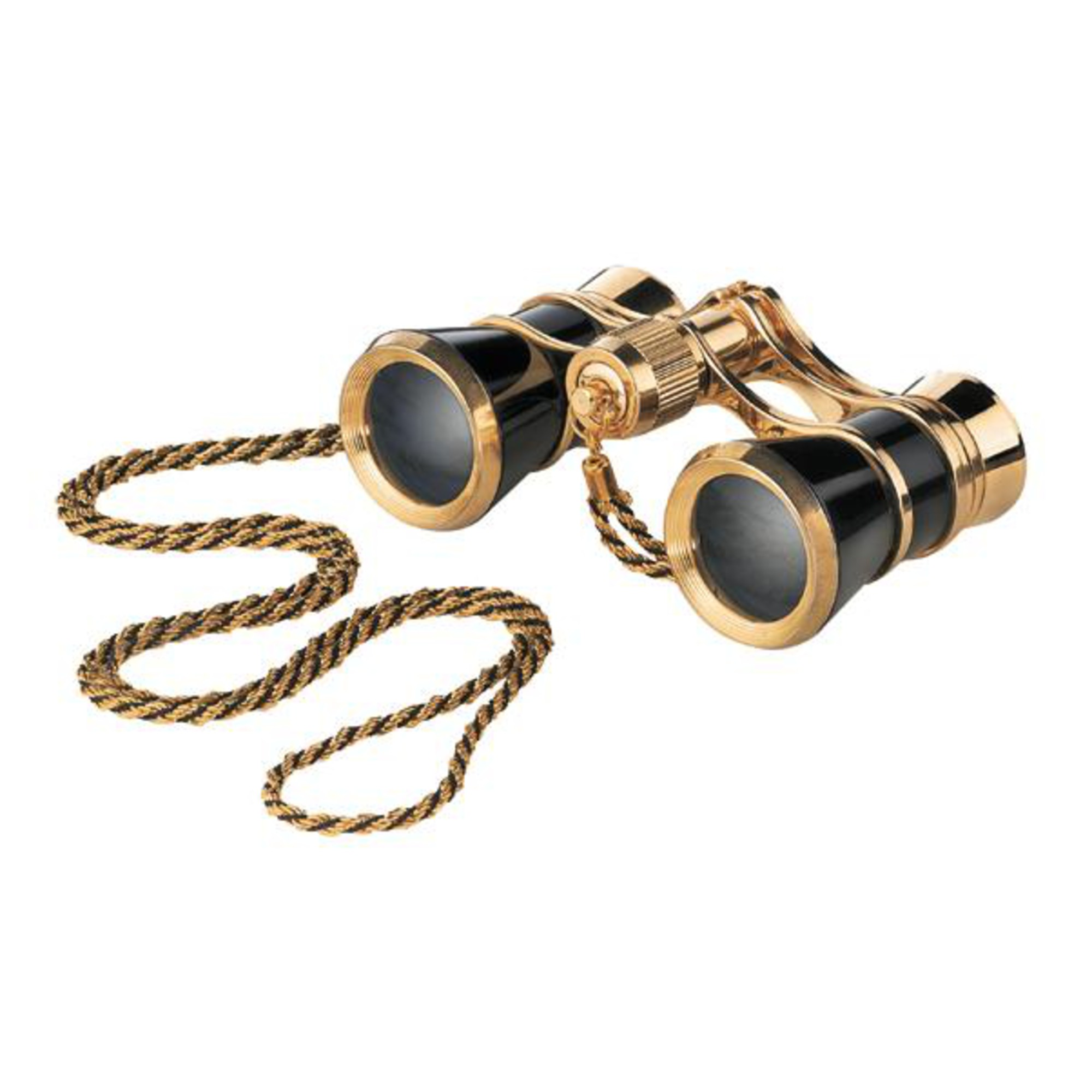 Goldene und schwarze Operngläser mit Seil auf weißem Hintergrund.