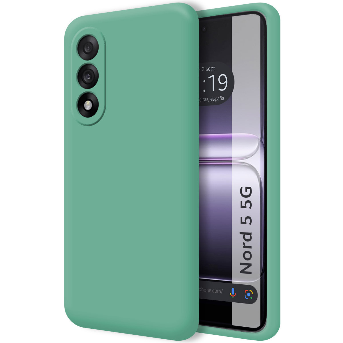 Una custodia per telefono verde menta con un telefono all'interno. Il telefono mostra l'ora e Nord 5 5G. Tre fotocamere sono visibili.