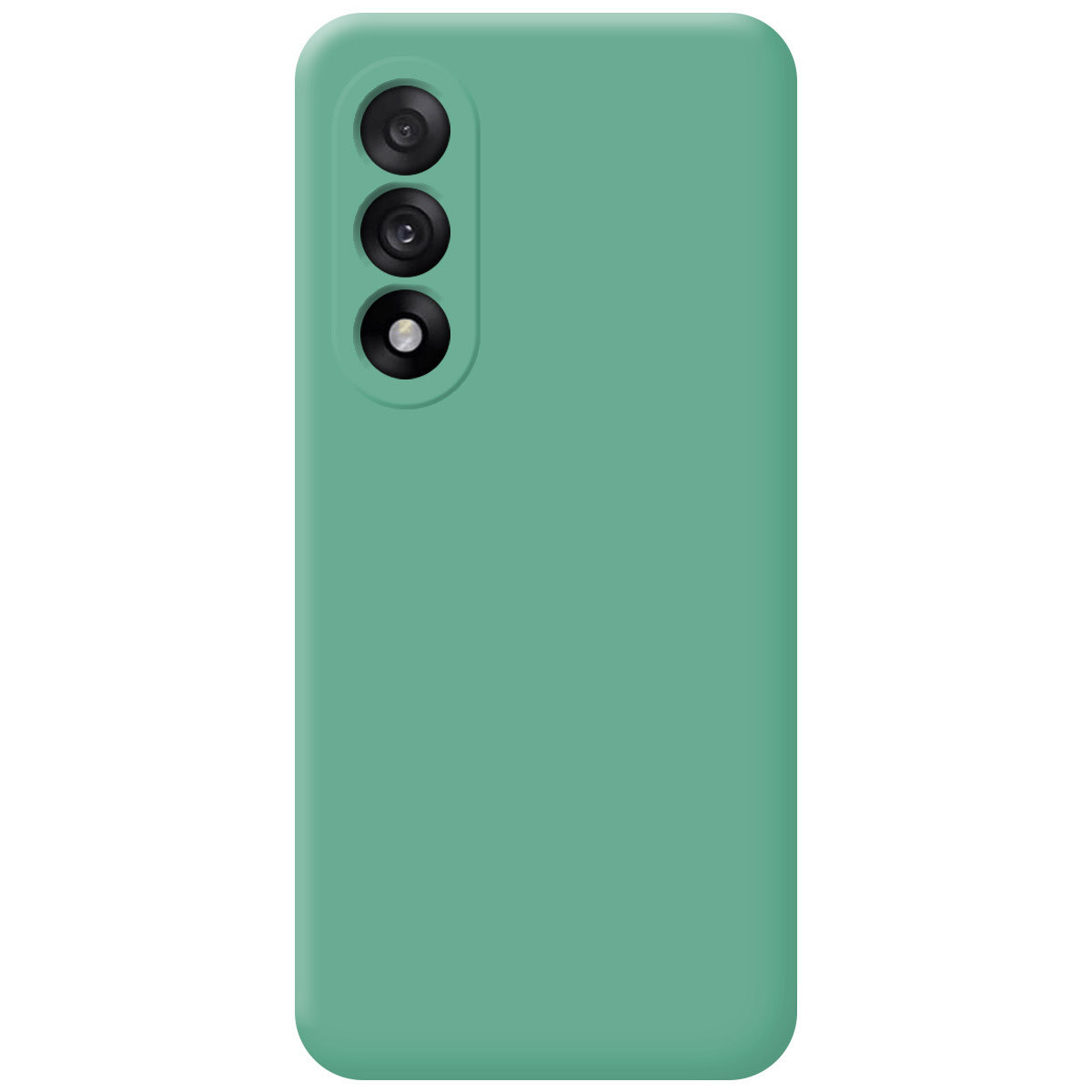 Una custodia per telefono verde menta con tre lenti della fotocamera. La custodia è rettangolare con angoli arrotondati, su sfondo bianco.