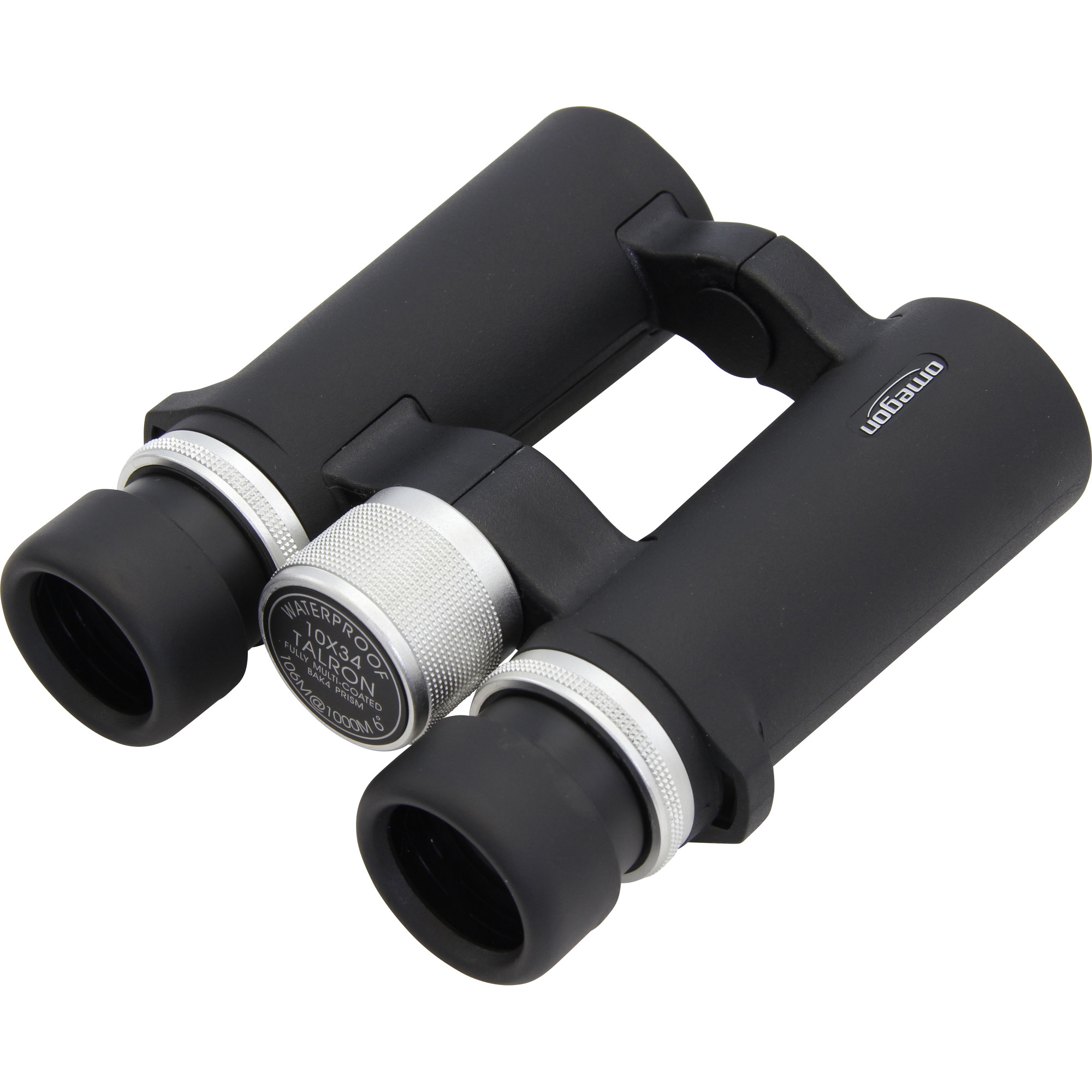 Schwarzes Fernglas mit silbernen Akzenten, Markenname OMEGON. Merkmale: 10x34 Talron, wasserdicht, voll mehrfach beschichtet.