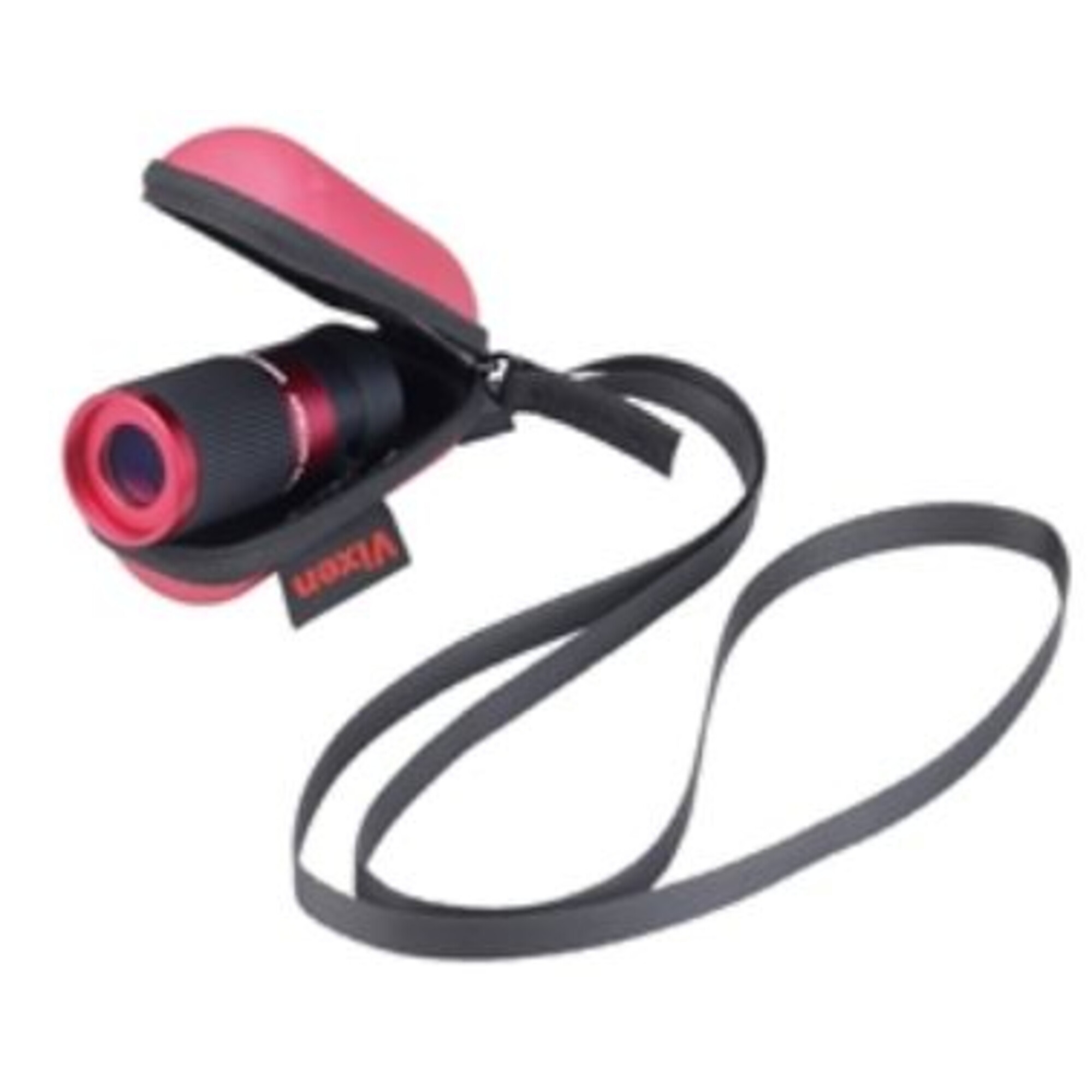 Ein rotes und schwarzes Teleskop befindet sich in einem roten Etui mit schwarzem Riemen. Das Etui ist offen und zeigt das Teleskop.