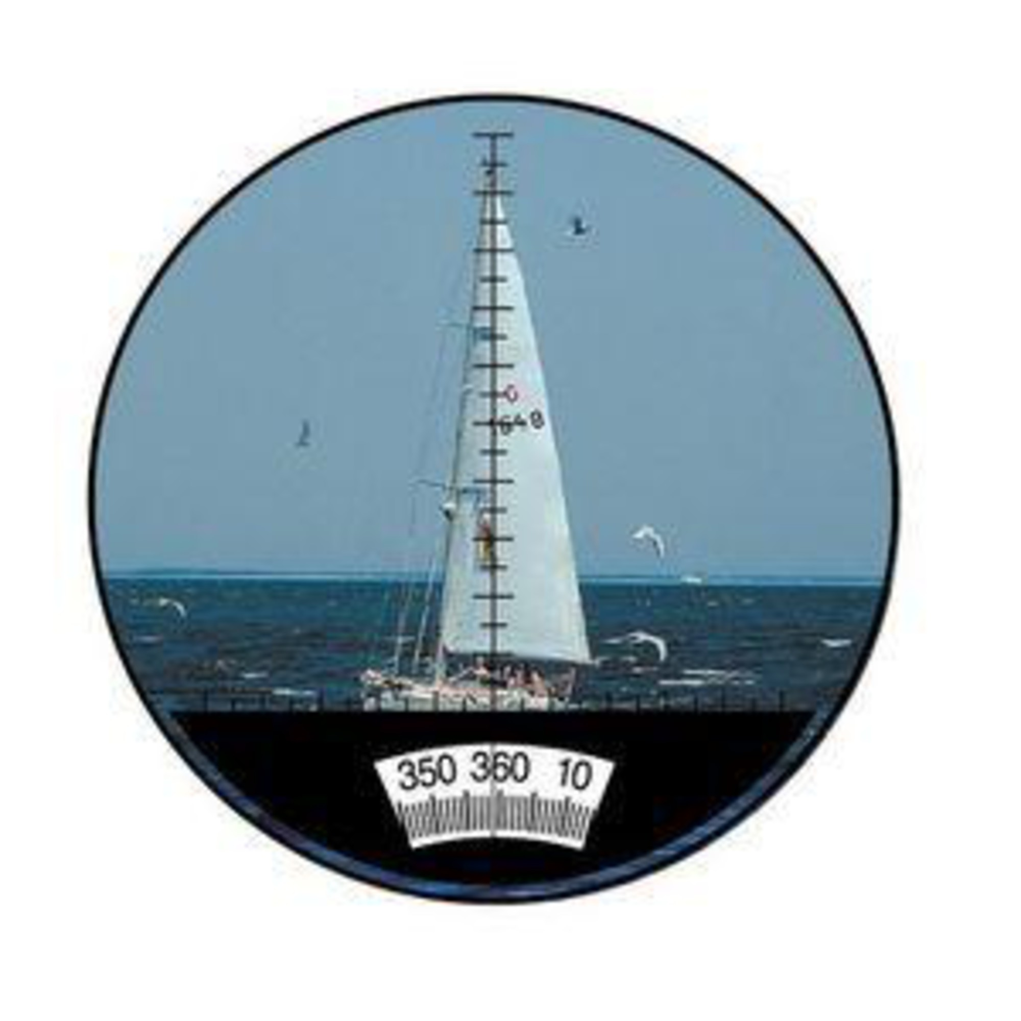Ein Segelboot mit weißen Segeln wird durch einen Kompass gesehen. Das Meer ist blau, mit Möwen, die darüber fliegen.