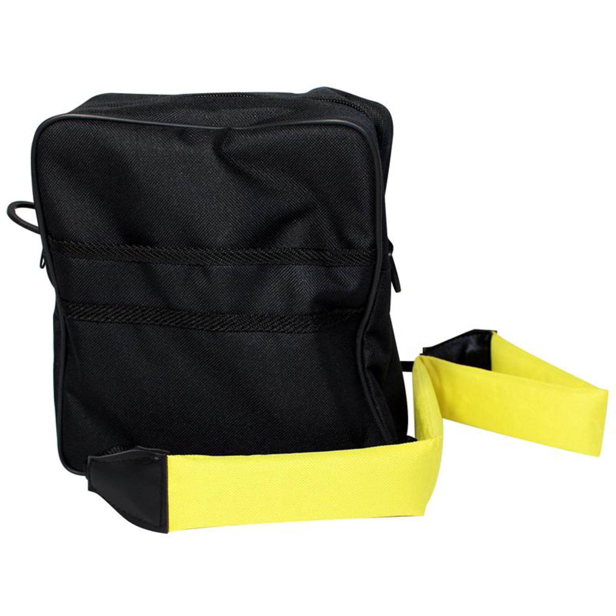 Schwarze Tasche mit gelbem Riemen. Die Tasche hat einen Reißverschluss und zwei horizontale Streifen.