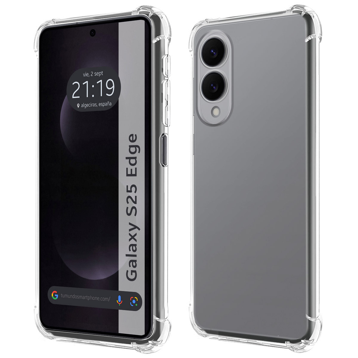 Due smartphone, un Galaxy S25 Edge in una custodia trasparente. Uno mostra l'ora, l'altro il retro del telefono.