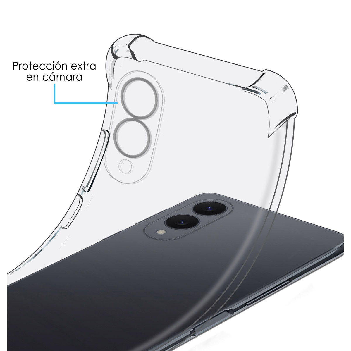 Una custodia trasparente per telefono è mostrata sopra un telefono grigio scuro. La custodia evidenzia la protezione della fotocamera. Lo sfondo è bianco.