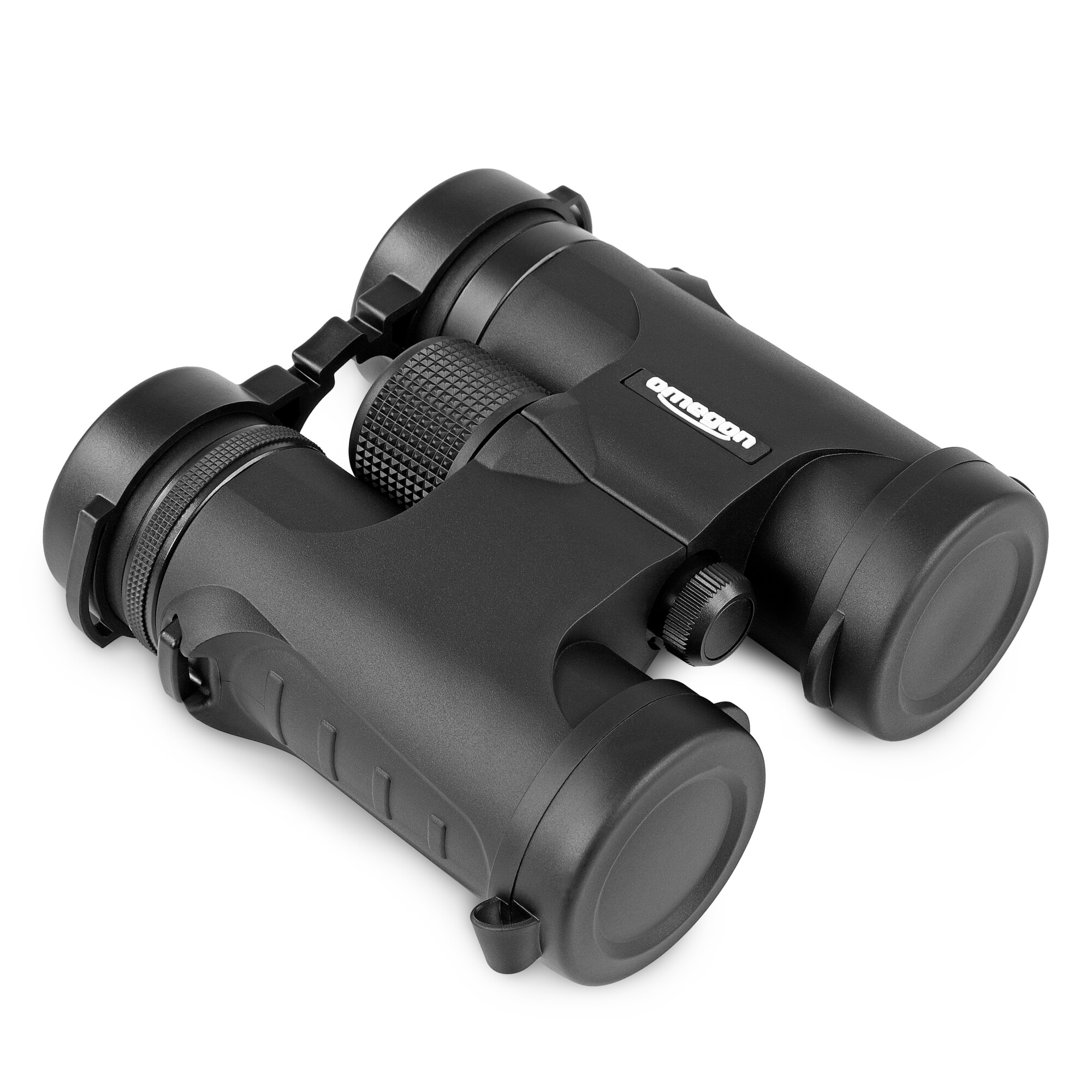 Schwarzes Omegon-Fernglas auf weißem Hintergrund. Merkmale sind einstellbarer Fokus und Markenlogo. Winkelansicht.