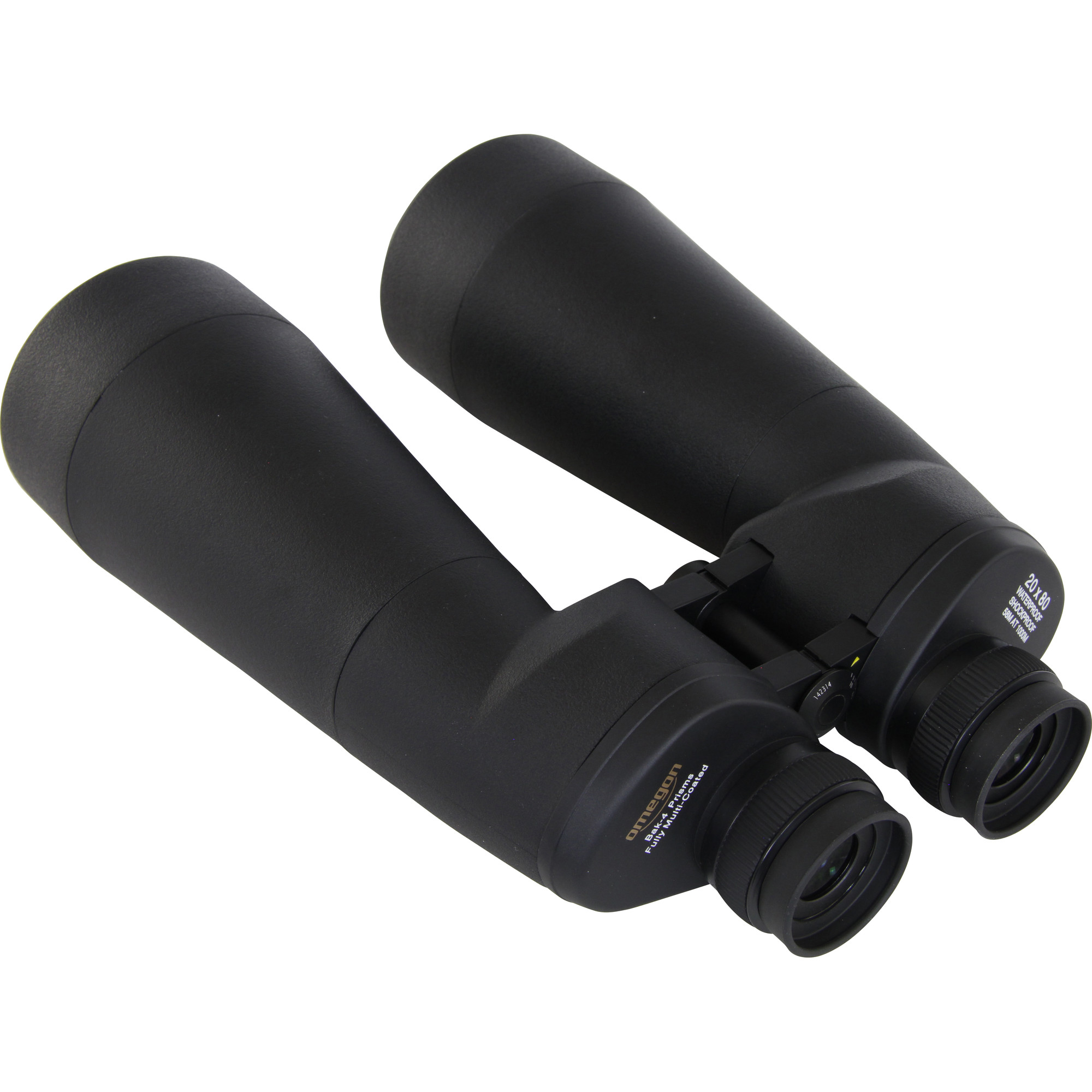 Schwarzes Fernglas auf Weiß. Das Fernglas hat zwei Linsen und einen zentralen Fokusmechanismus.