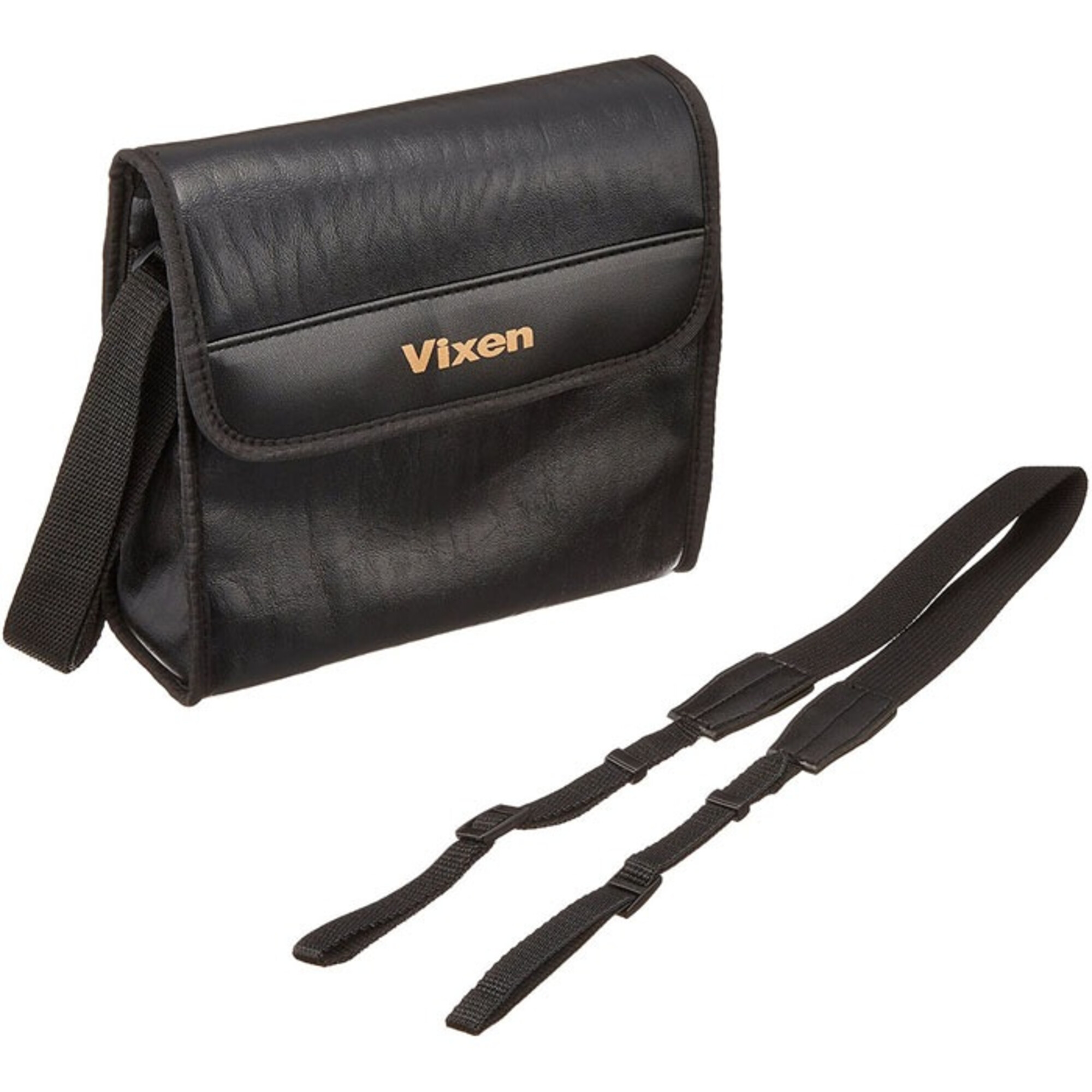Schwarze Vixen-Tasche mit Riemen und separatem Schultergurt. Goldfarbenes Vixen-Logo.