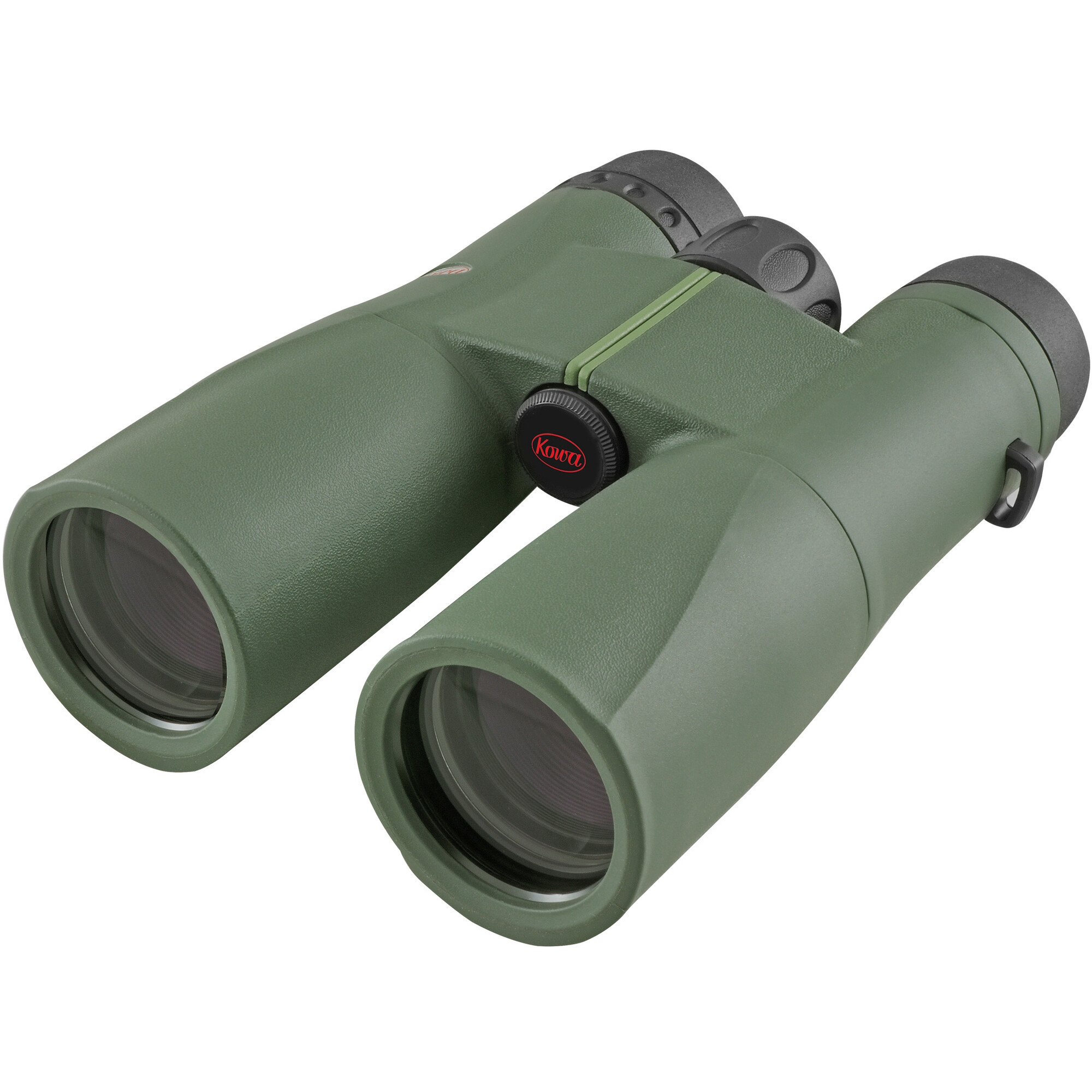 Binocolo verde con dettagli neri. Il logo Kowa è visibile. Le lenti sono nere.