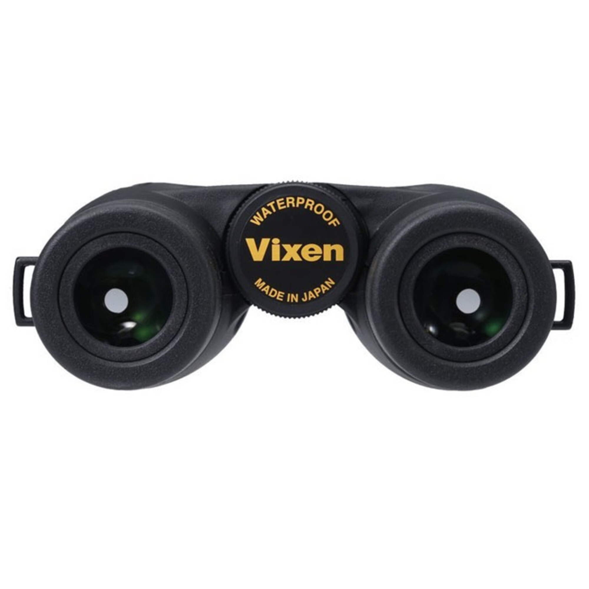 Schwarzes Fernglas mit grünen Linsen, ein zentrales Zifferblatt mit dem Vixen-Logo und den Worten 'Waterproof' und 'Made in Japan'.