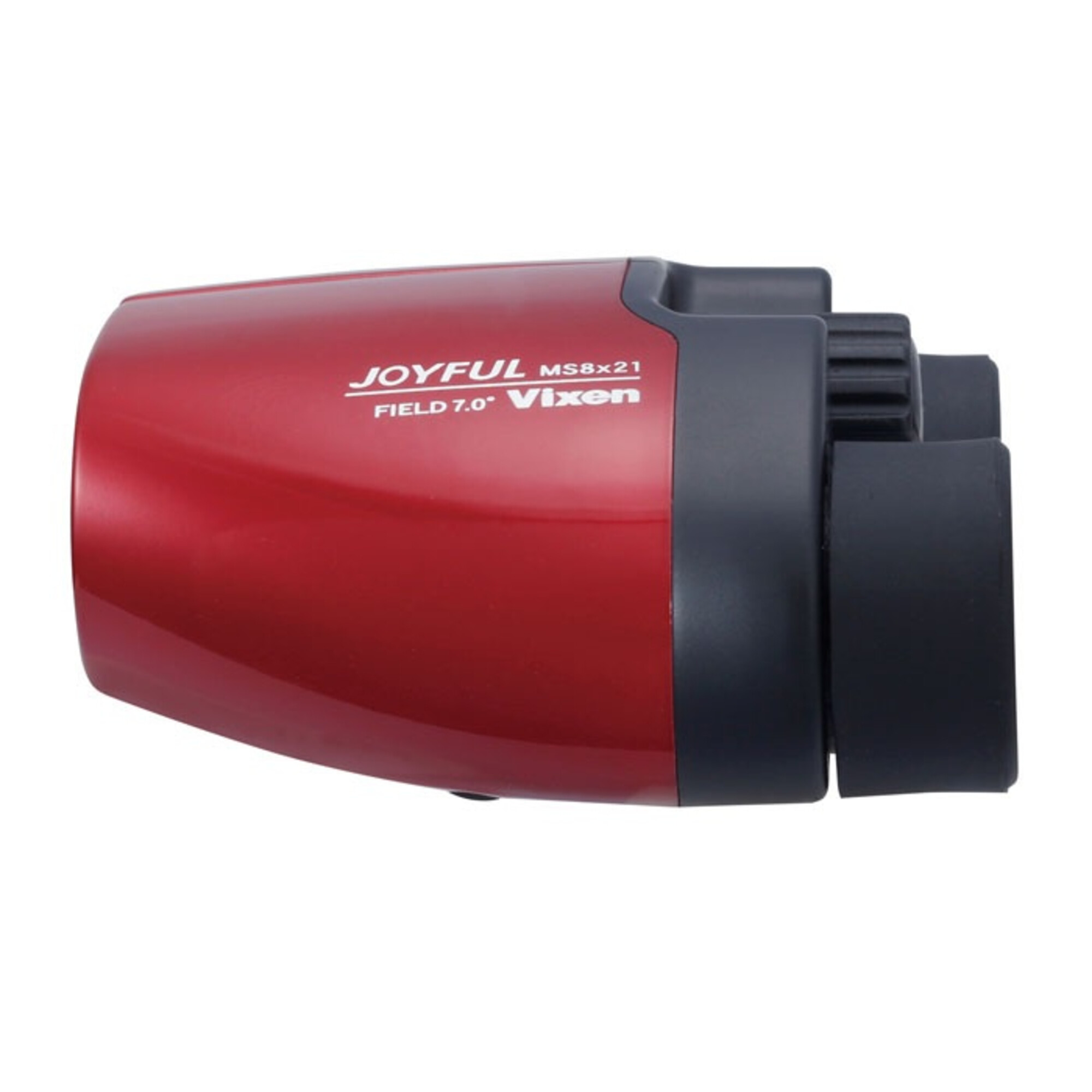 Rotes und schwarzes Fernglas mit dem Namen 'JOYFUL MS8x21 Vixen' auf der Seite. Der Hintergrund ist weiß.