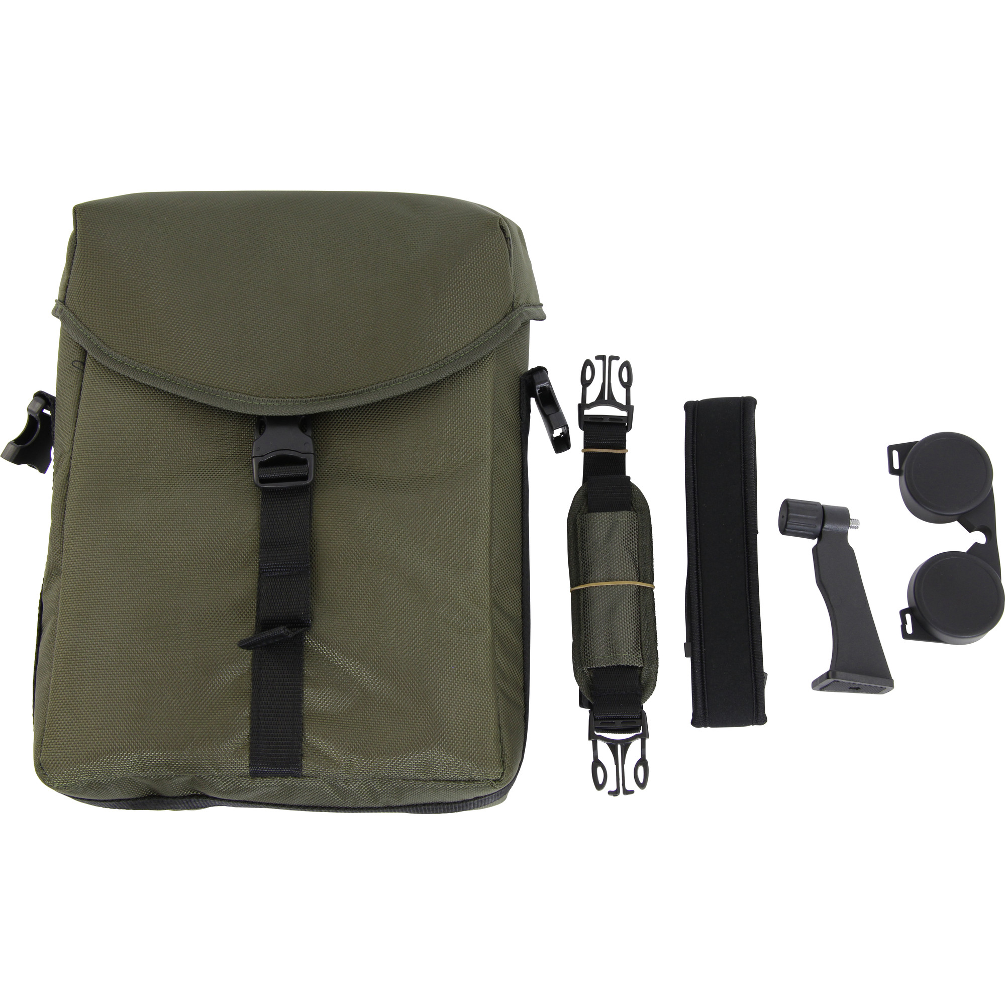 Eine olivgrüne Tasche mit schwarzen Riemen und Schnallen. Mehrere schwarze Accessoires sind ebenfalls vorhanden.
