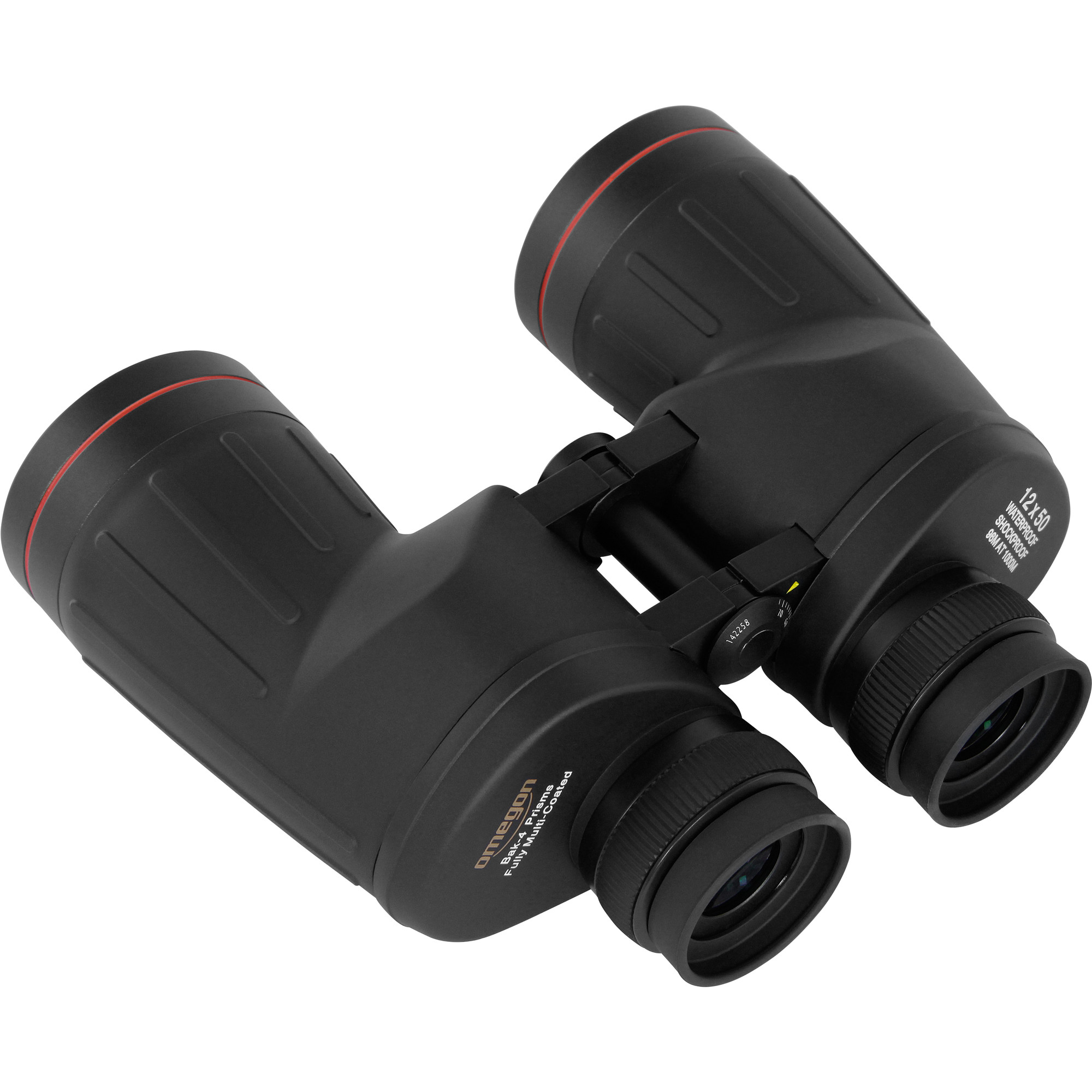 Schwarzes Fernglas mit roten Akzenten. Merkmale sind Omegon-Branding und Spezifikationen wie 12x50, wasserdicht und stoßfest.