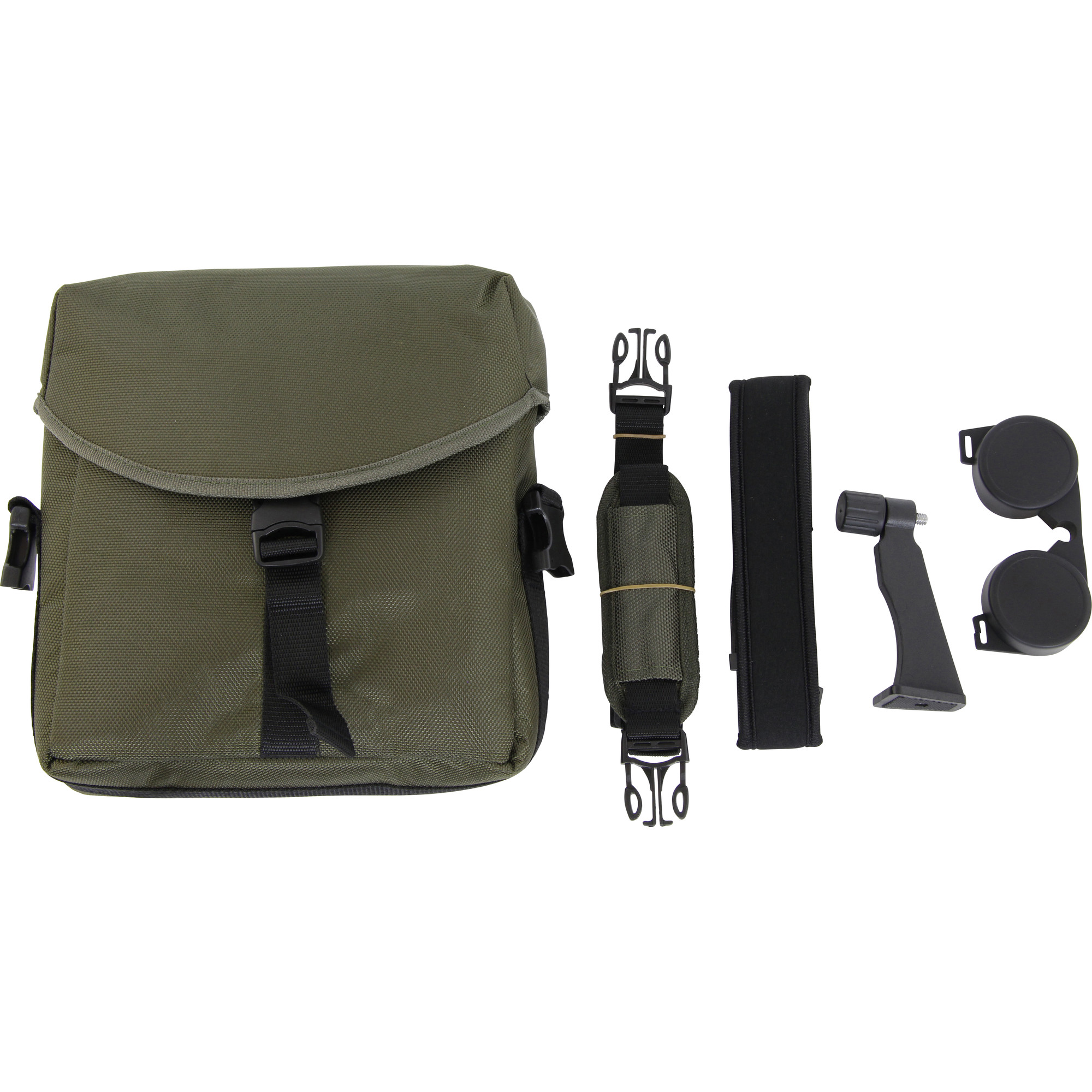 Olivgrüne Tasche mit Riemen, schwarzen Riemen, Halterung und Objektivdeckeln auf weißem Hintergrund.