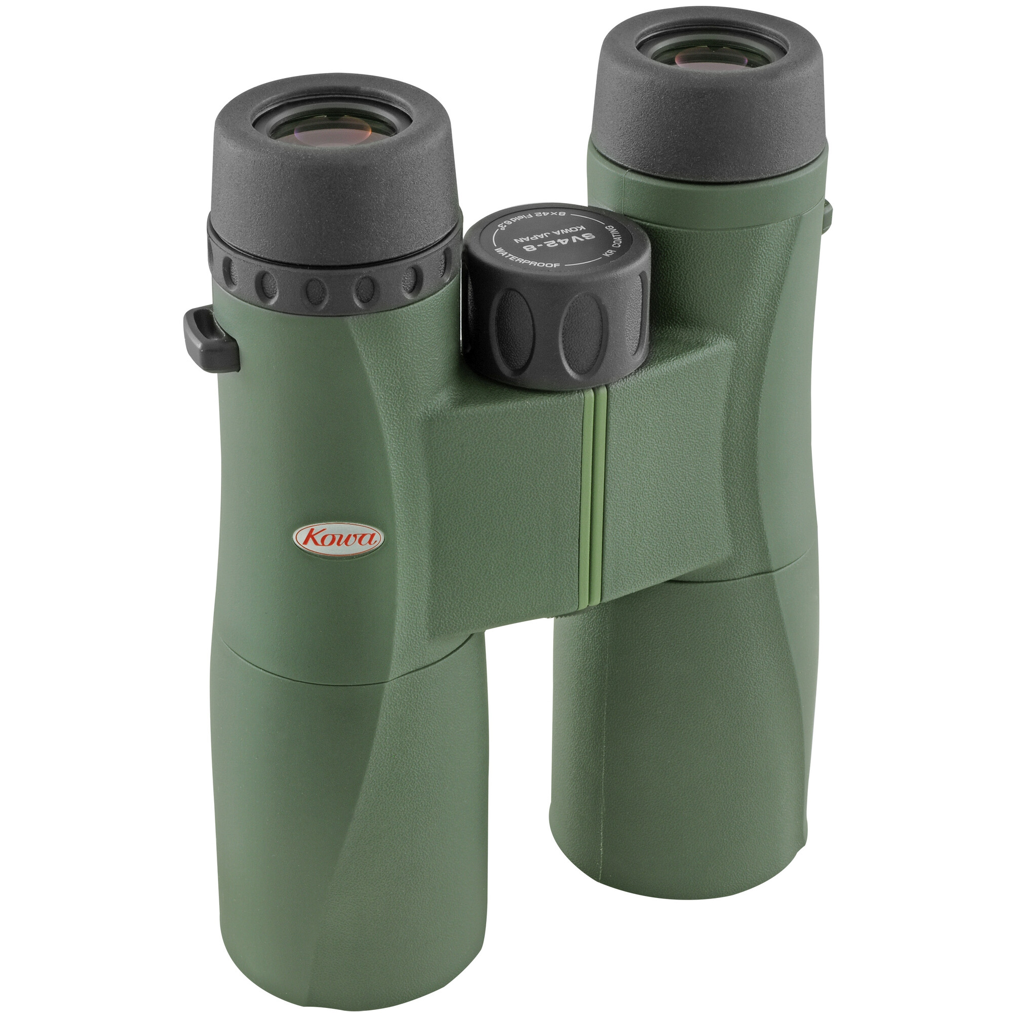 Binocolo verde con lenti nere e manopola di regolazione. Il marchio "Kowa" è visibile.