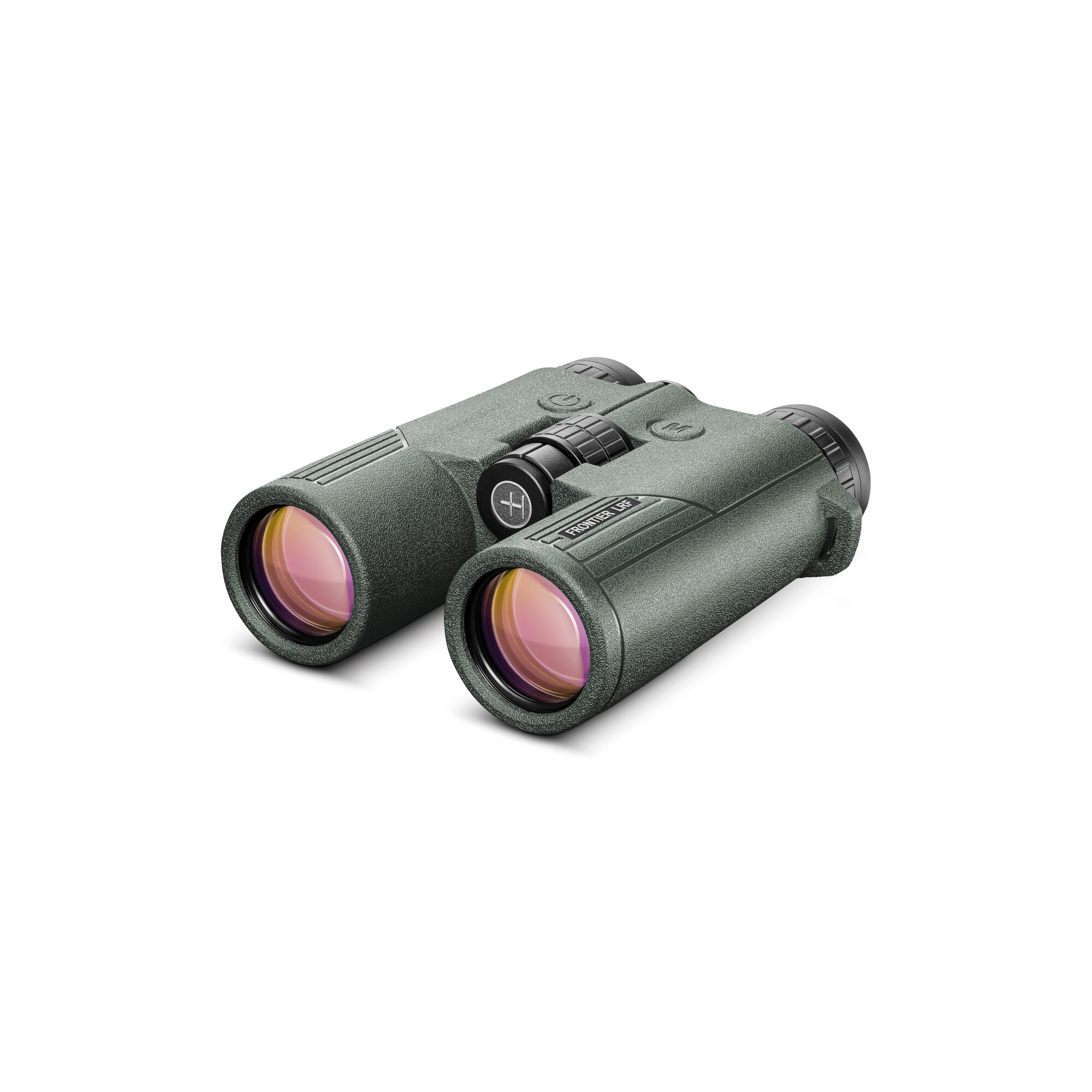 Binocolo verde su sfondo bianco. Le lenti hanno un riflesso rosa. Il marchio è Frontier LRF.
