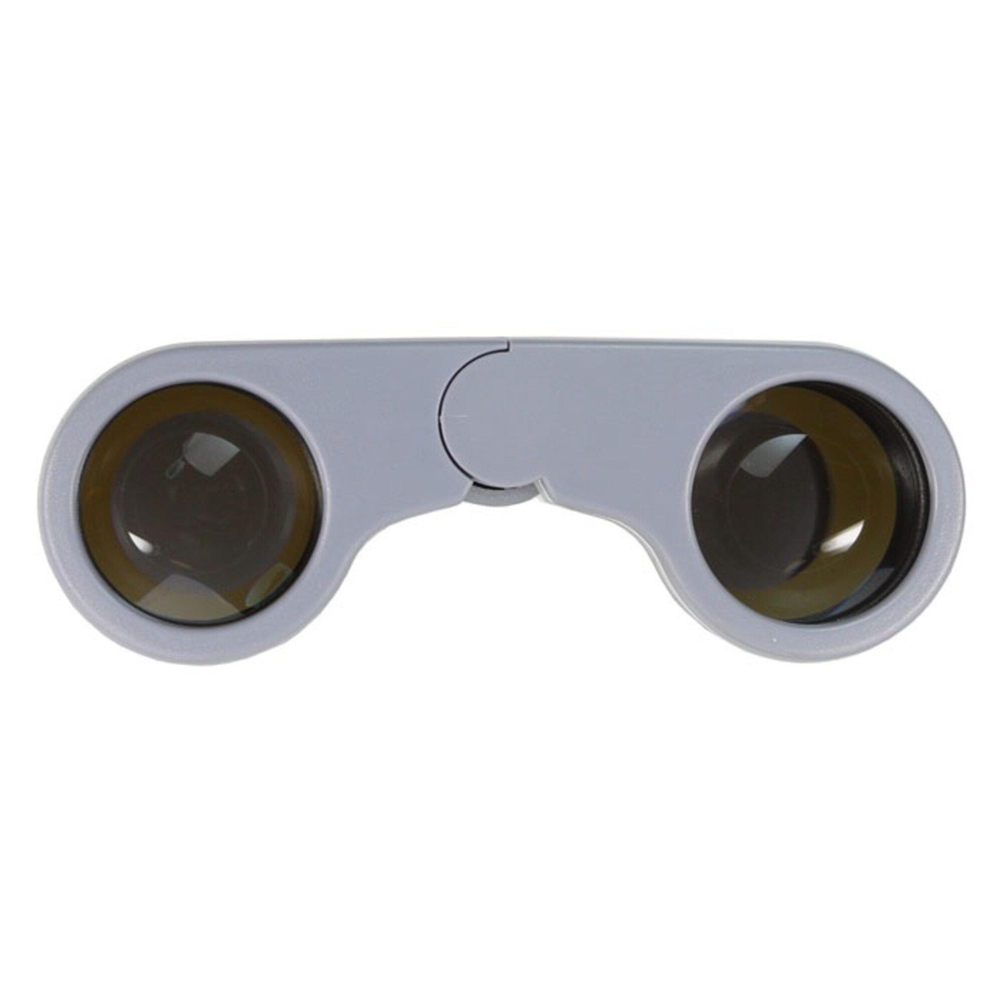 Ein graues, kompaktes Fernglas mit dunklen Linsen, vor weißem Hintergrund.