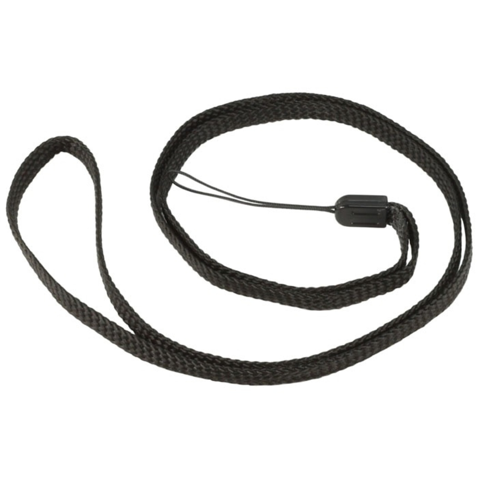 Ein schwarzes Schlüsselband mit einer Schlaufe, einem Kabel und einem Kunststoffverschluss.