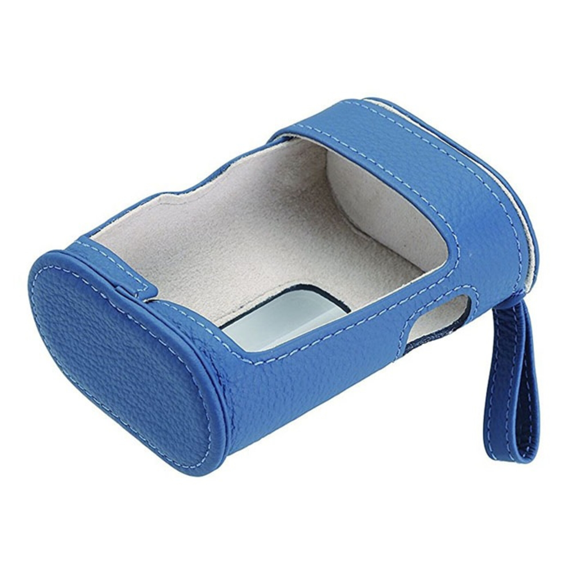 Eine blaue Ledertasche mit weißen Nähten, einem Griff und einem weichen Innenraum. Sie ist leer und offen.