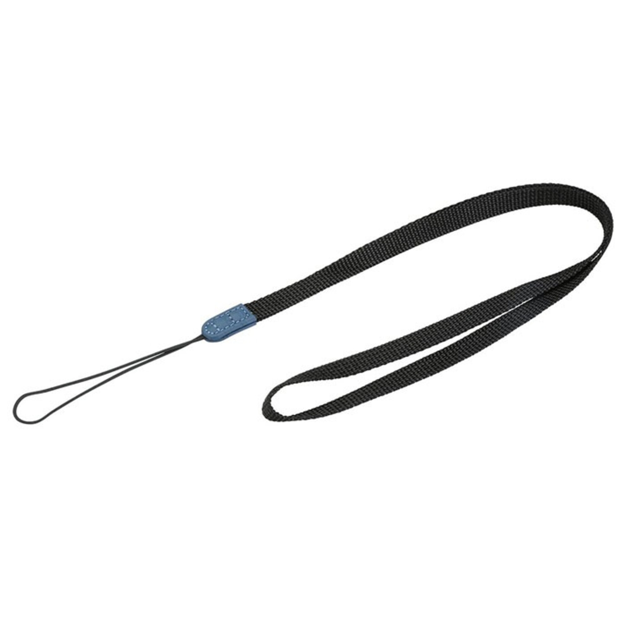 Ein schwarzes Armband mit einem blauen Aufnäher und einer kleinen Schlaufe zur Befestigung an einem Gerät.