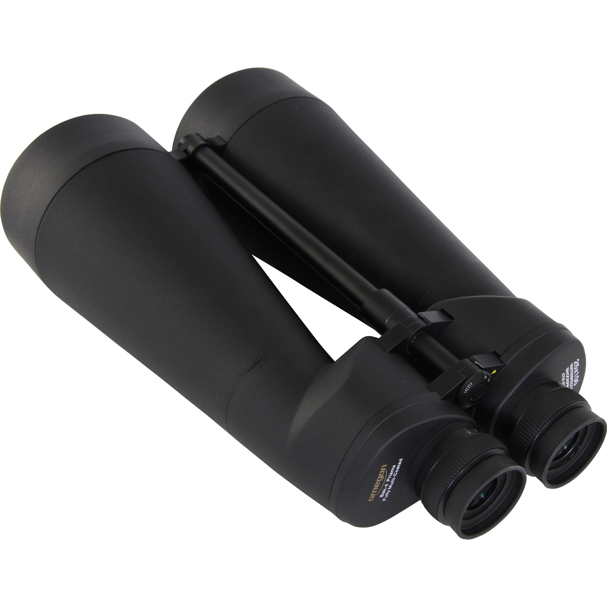Ein großes, schwarzes Omegon-Fernglas. Es hat ein zentrales Scharnier und ist auf den Betrachter ausgerichtet.