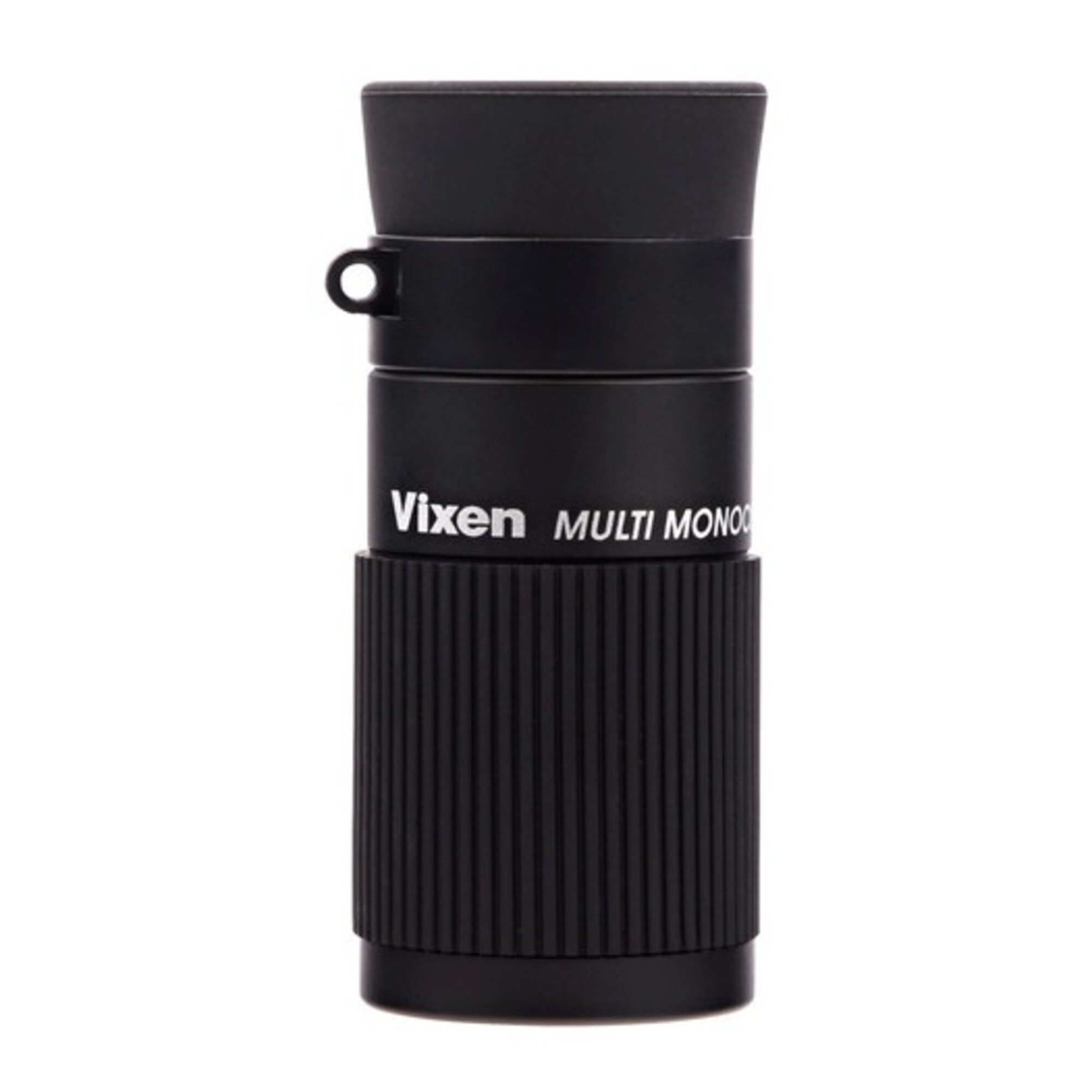 Ein schwarzes Vixen Multi Mono Monokular auf weißem Hintergrund. Es hat einen geriffelten Griff und einen Ring für einen Riemen.