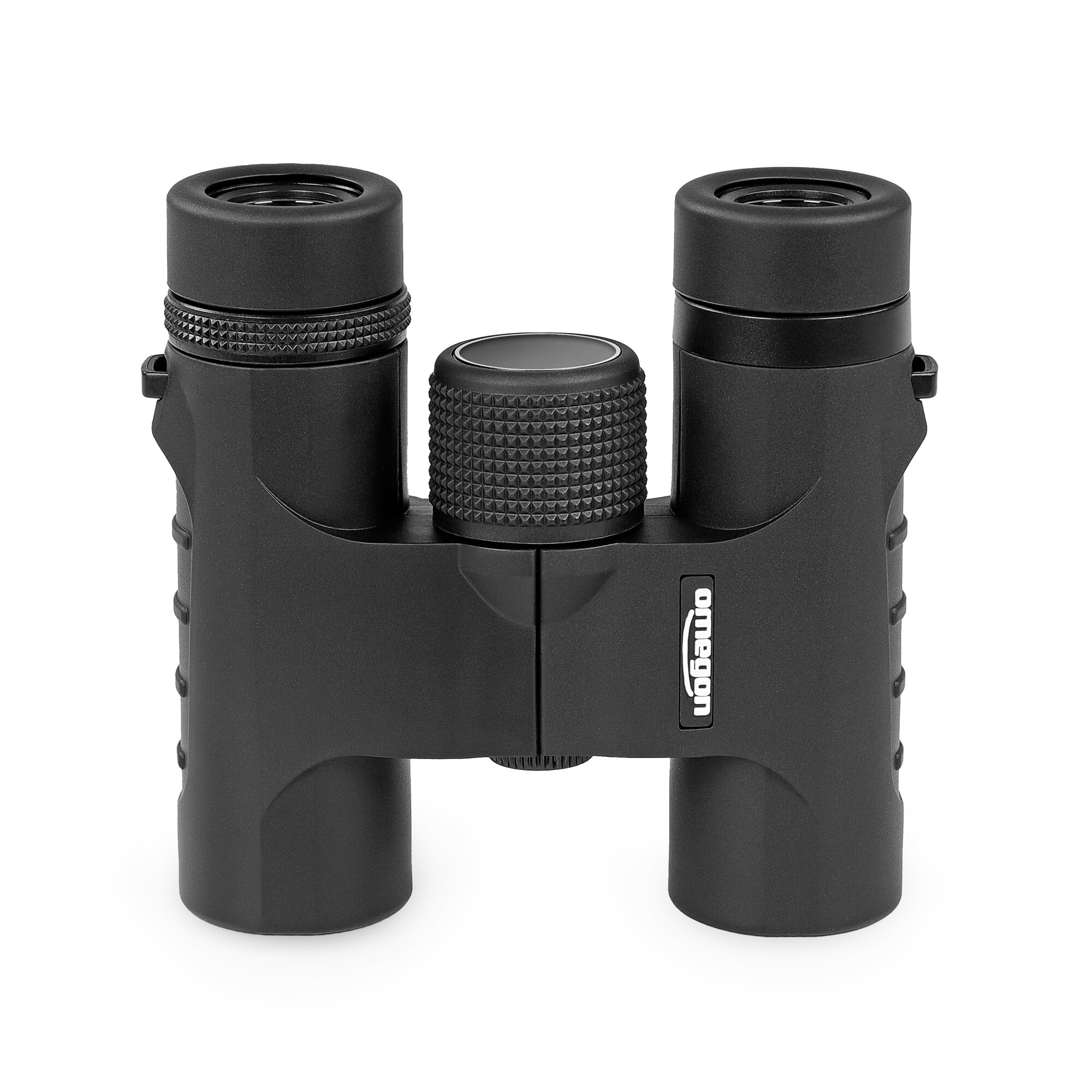 Schwarzes Fernglas auf weißem Hintergrund. Das Fernglas hat zwei Linsen und ein zentrales Fokusrad mit dem 'Omegon'-Logo.