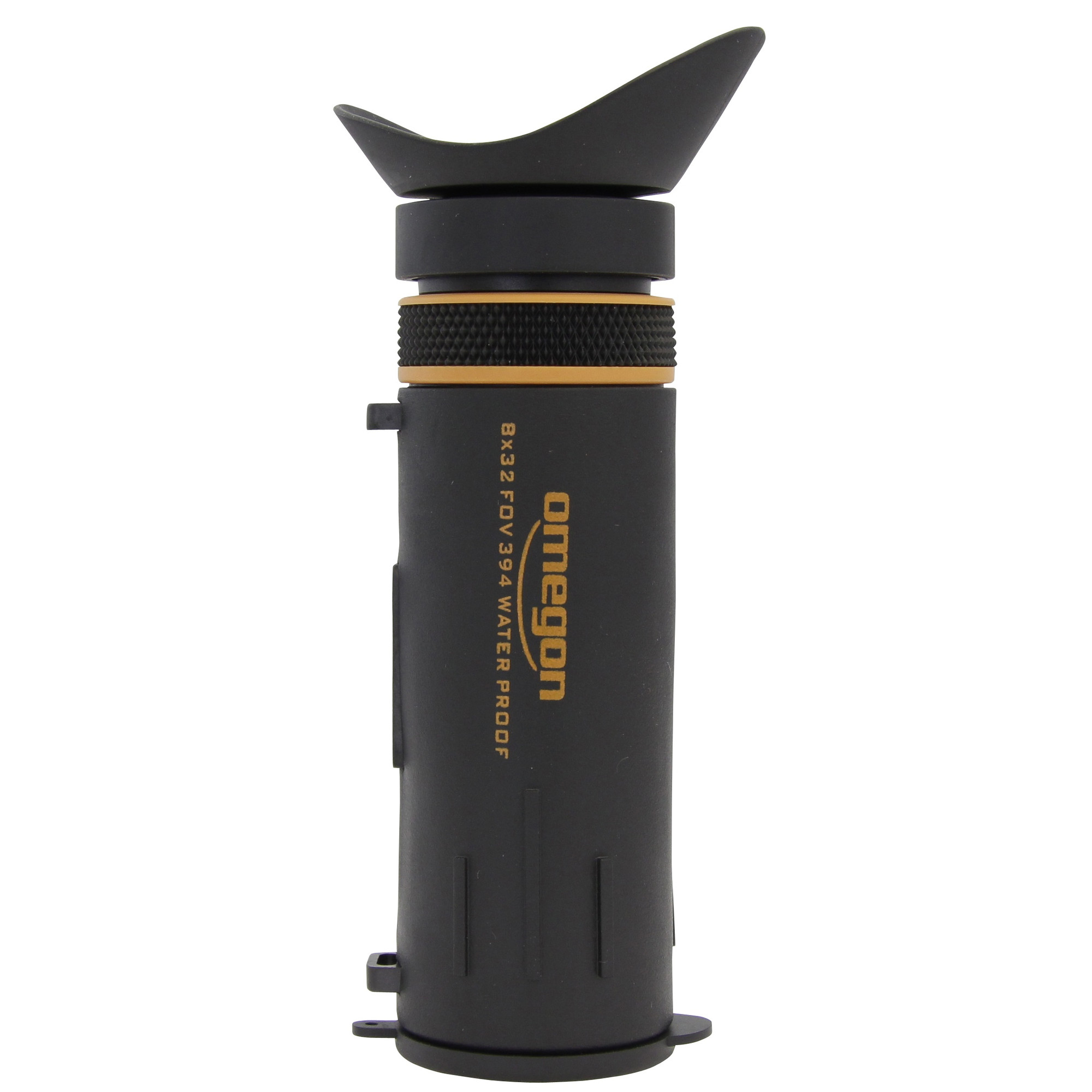 Ein schwarzes Teleskopokular mit Augenmuschel. Es hat goldenen Text mit der Aufschrift 'omegon' und '8x32 FOV 394 WATERPROOF'.