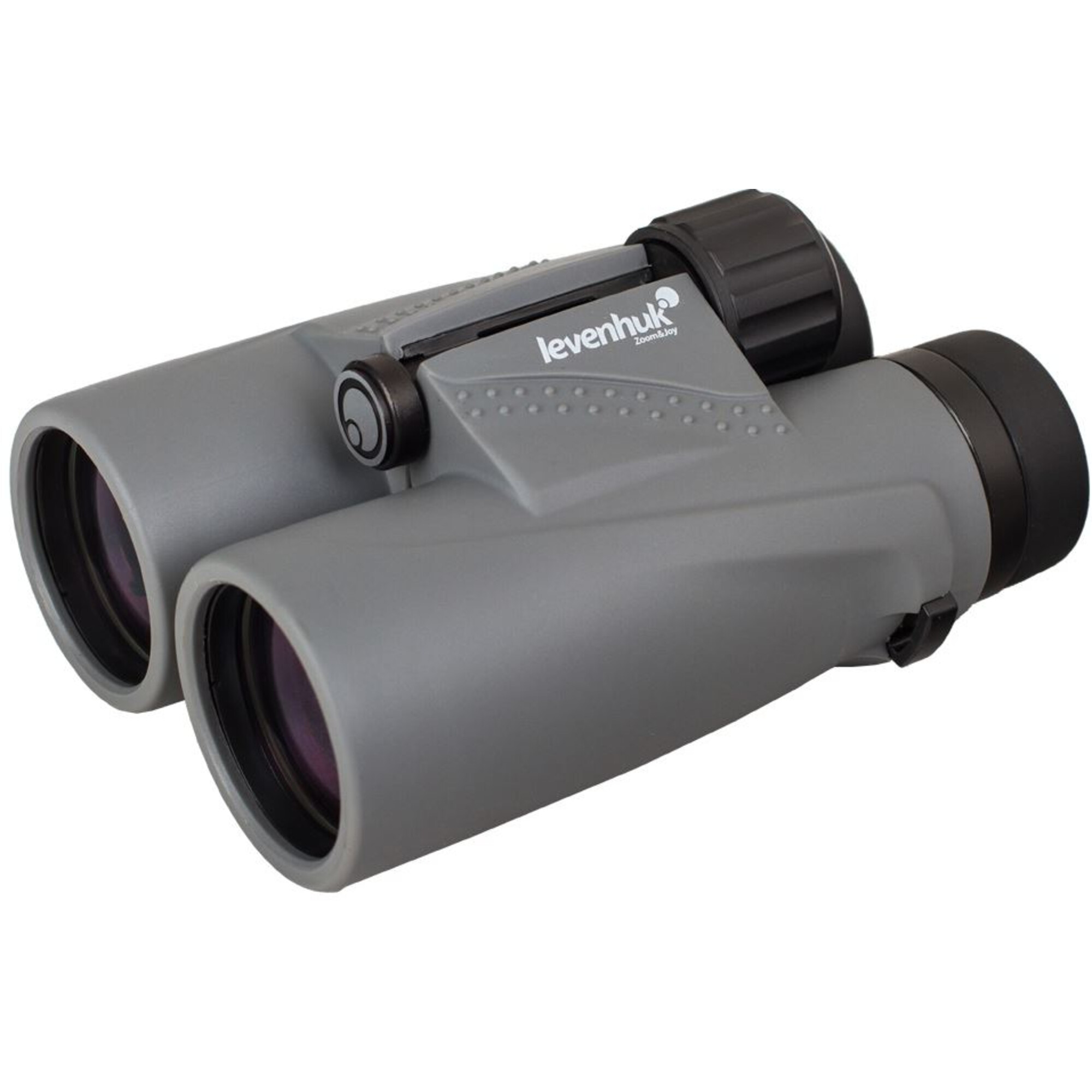 Graues Levenhuk-Fernglas auf weißem Grund. Schwarze Okulare und ein Fokussierrad sind sichtbar.